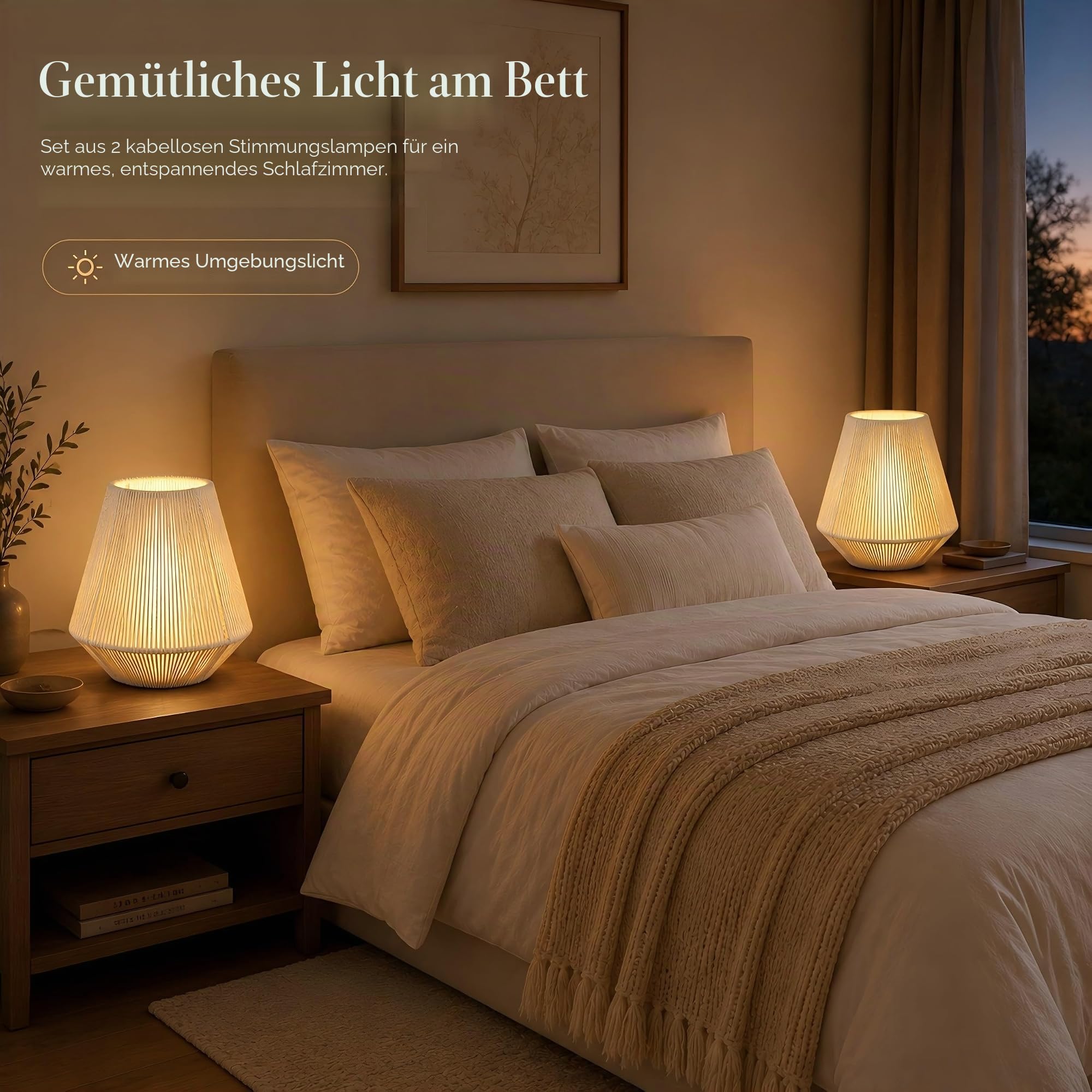 JHY DESIGN Set mit 2 gewebten Lampenschirmen Tischlampen 21 cm hoch Baumwollseil Nachttischlampen Kabellose dekorative batteriebetriebene Lampen mit 6-Stunden-Timer für Schlafzimmer Wohnzimmer