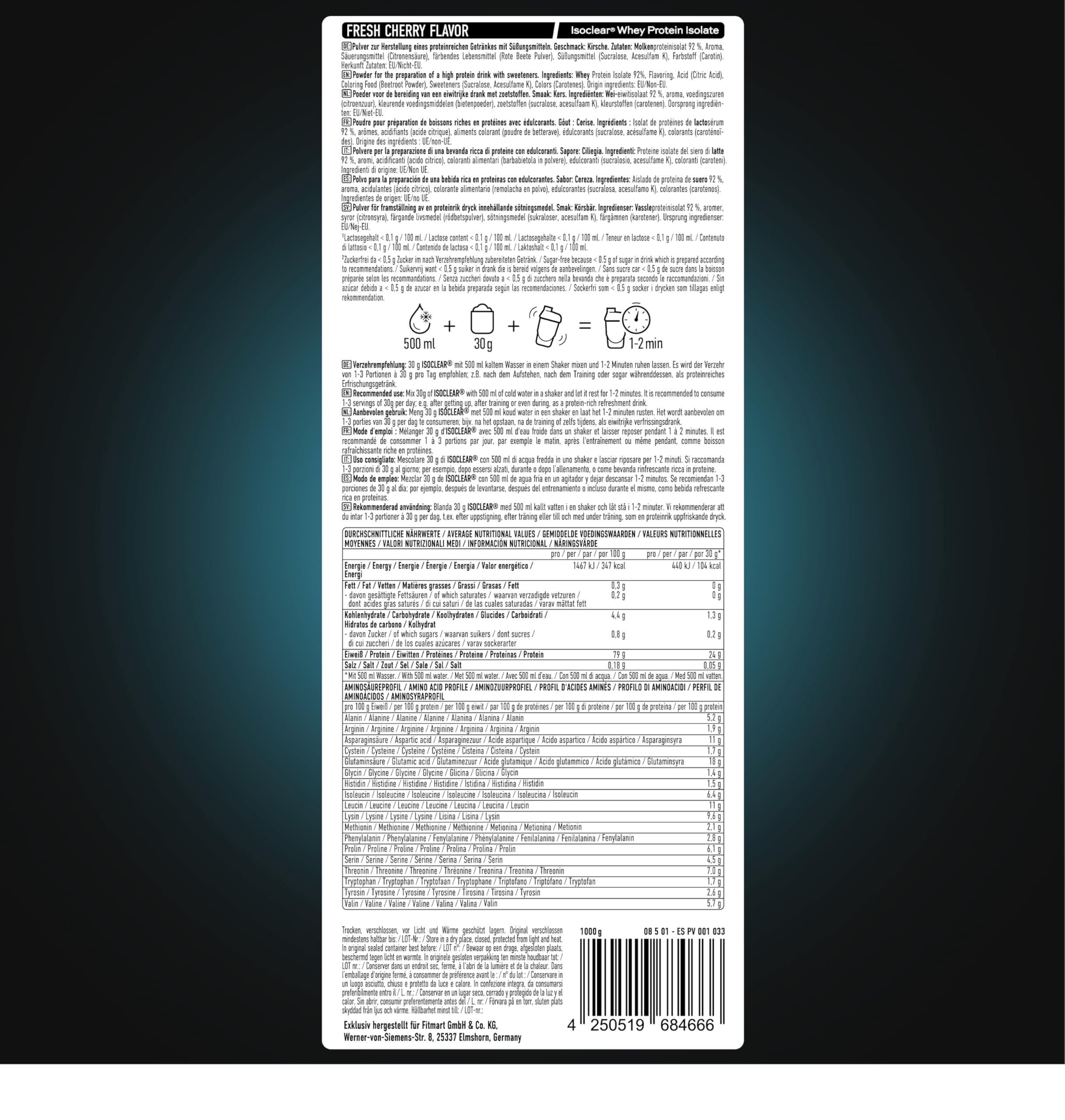 ESN ISOCLEAR Whey Isolate Protein Pulver, 1000g, Fresh Cherry, Proteinlimo mit fruchtig leckerem Geschmack, clear Whey - made in Germany