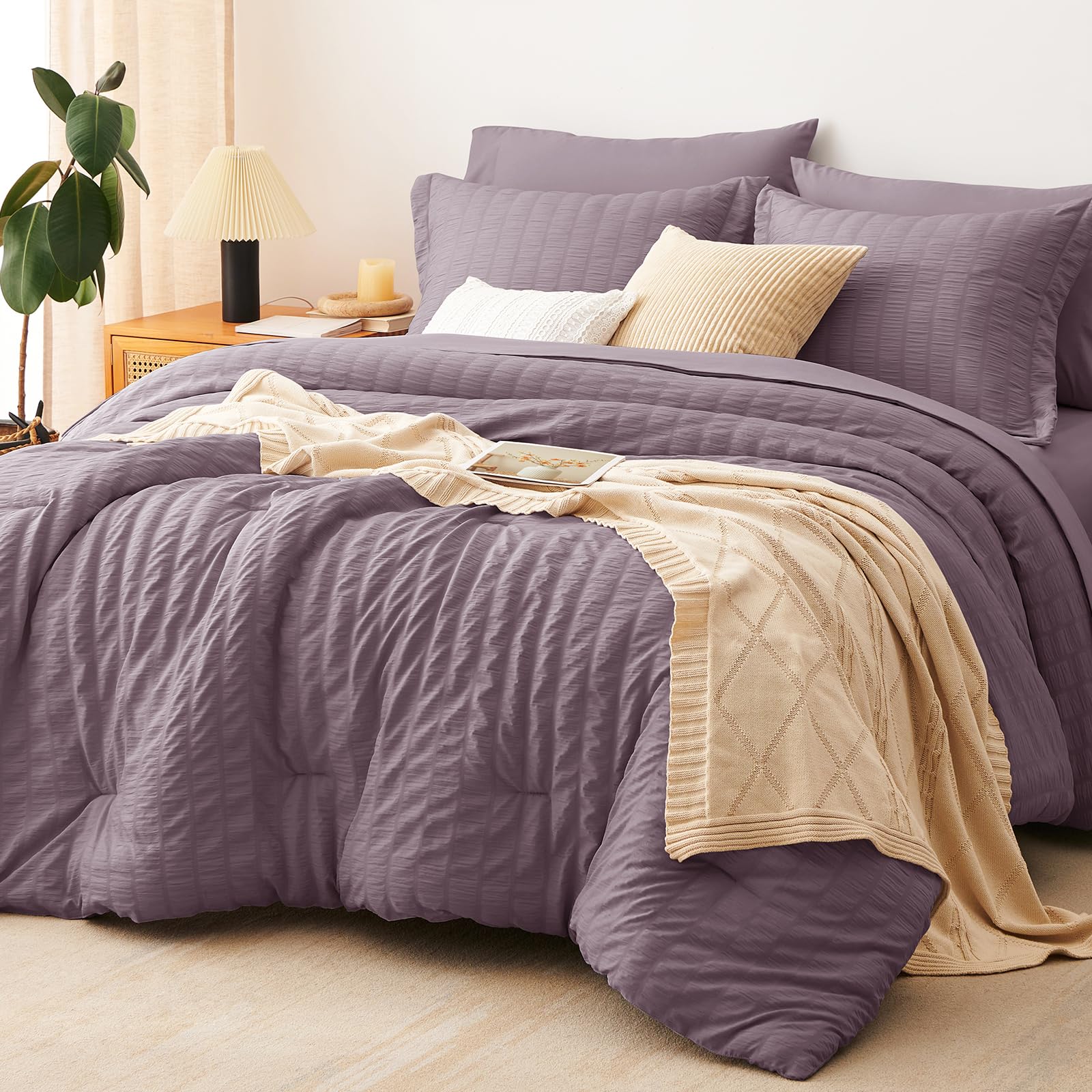 Photo 1 of CozyLux Full Size Comforter Sets with Sheets 7 Pieces, Dusty Purple Seersucker Bed in a Bag Textured Luxury Soft Grayish Purple Bedding Set with Down Alternative Comforter, Sheets, Pillowcases & Shams