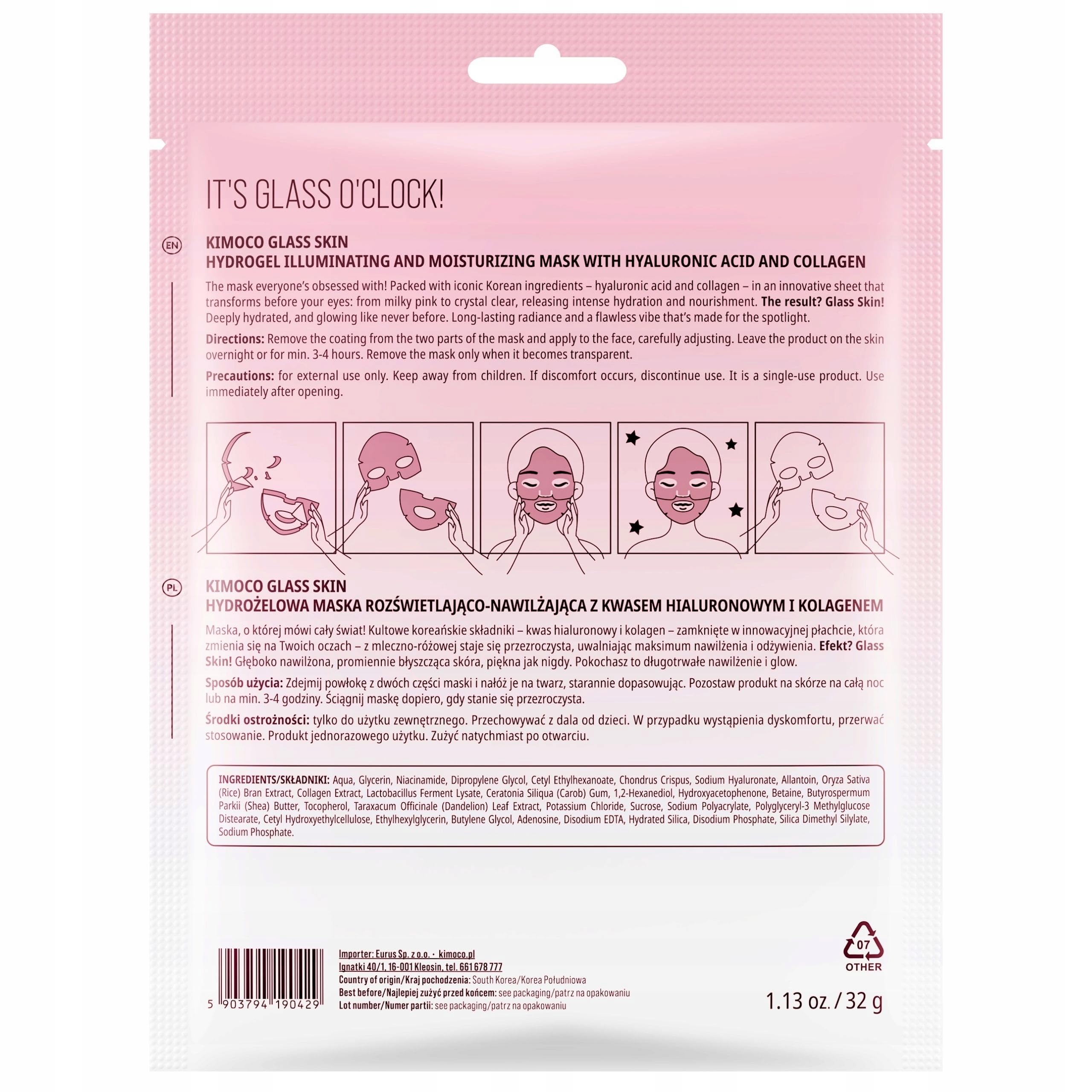KIMOCO Glass Skin Zestaw 10 Masek Hydrożelowych w Płachcie Krem Aloes SPF50 | Kwas Hialuronowy i Kolagen, Efekt Glass Skin, Ekstrakt z Aloesu, 32 ml na Maskę, K-Beauty