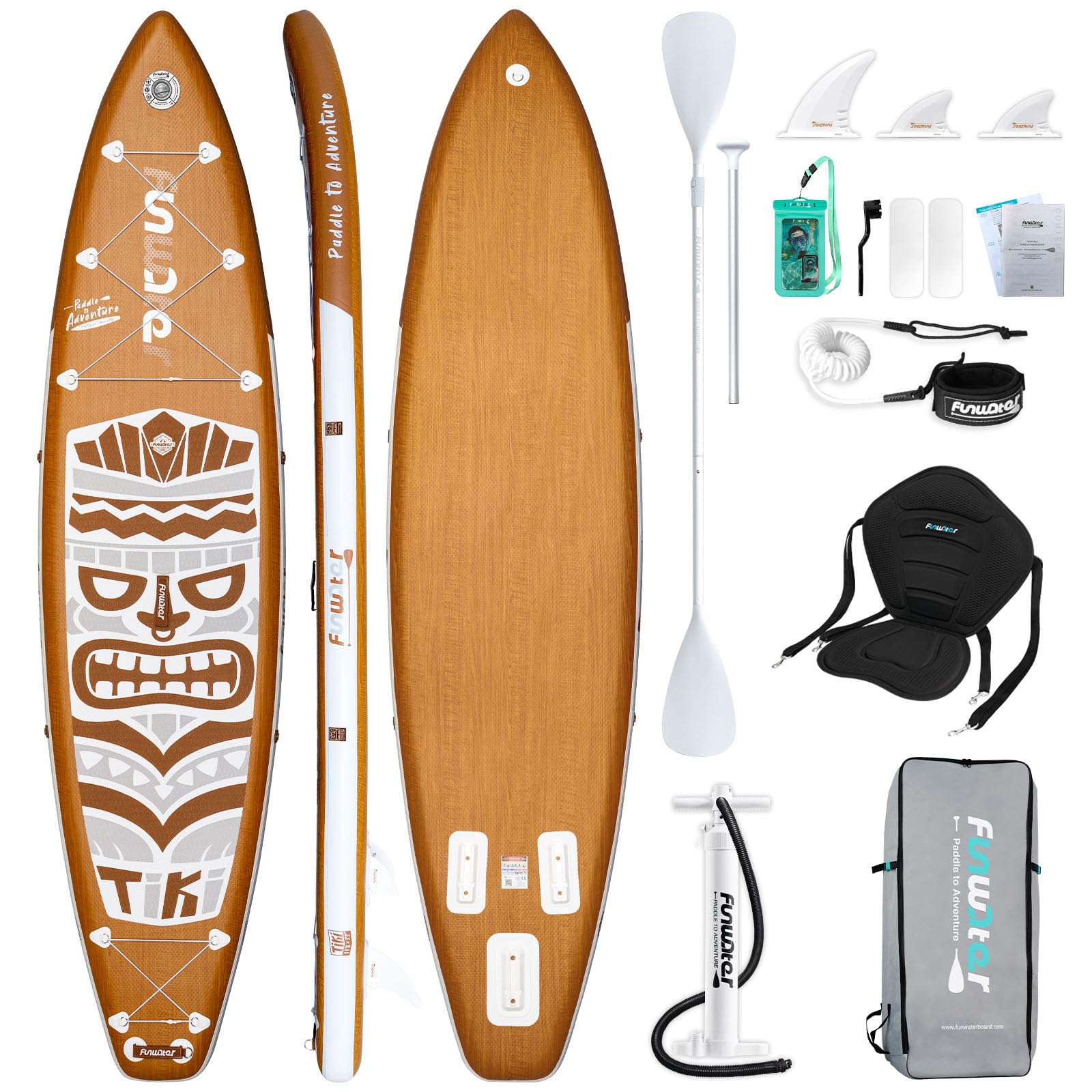 FunWater Tavola da paddle gonfiabile retrò Tiki 3 anni di garanzia Stand up Paddle Board extra lunga e larga 11'6'' x 33'' con pompa、Deck Bag、Double Ended Paddle 、Seat、SUP tracolla
