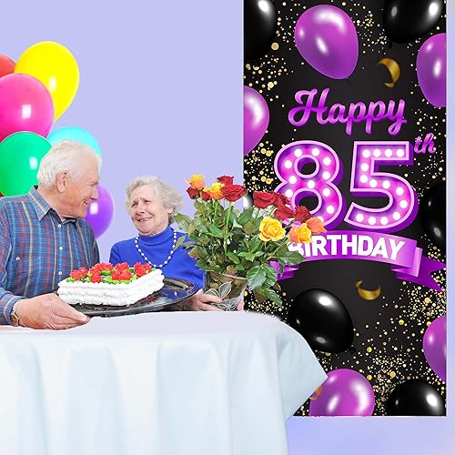 Miniatura 4 de Cartel de feliz cumpleaños 85 morado y negro, decoración temática de globos de confeti de 85 años para mujeres, decoraciones de fiesta de cumpleaños