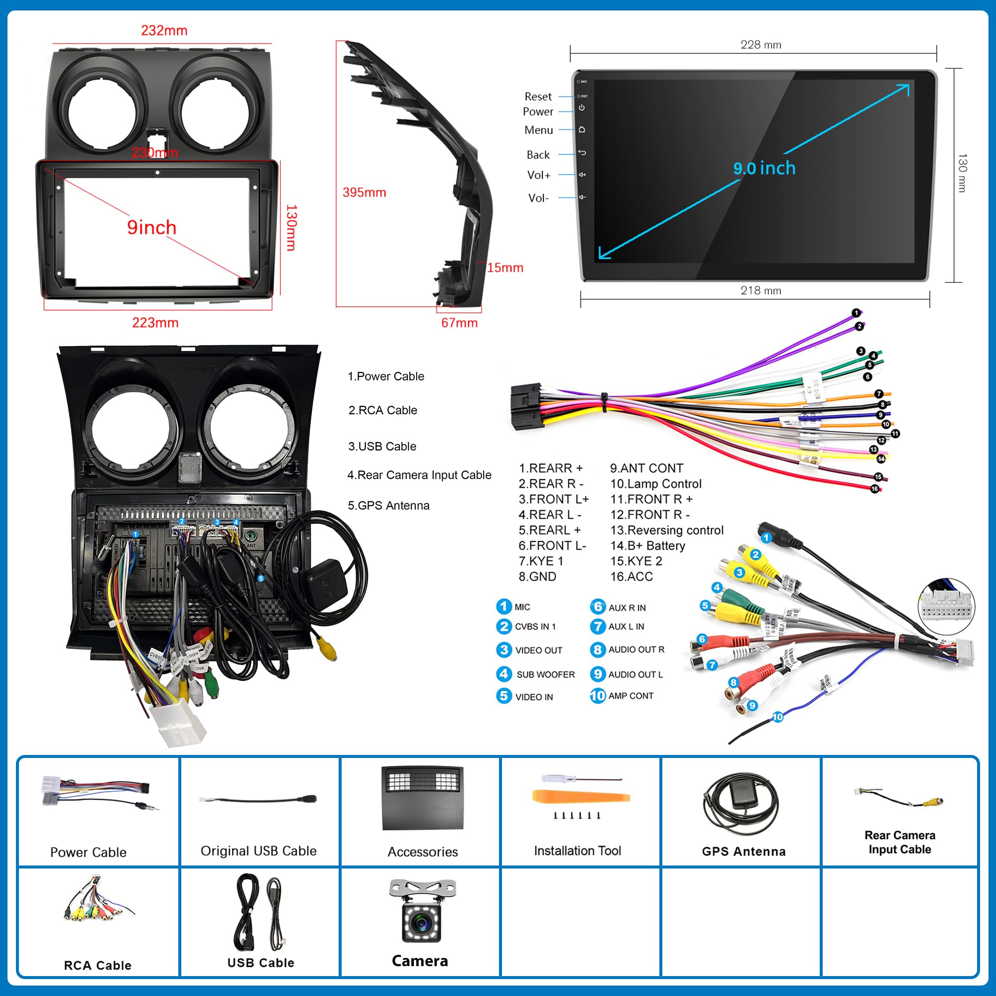 Android Radio de Coche 2 DIN para Nissan Qashqai 2006-2016 con Navi GPS WiFi 9 Pulgadas Pantalla Radio de Coche con Mirror Link Bluetooth FM/RDS/Dab+/DVR/OBD2/USB Control del Volante Cámara Trasera
