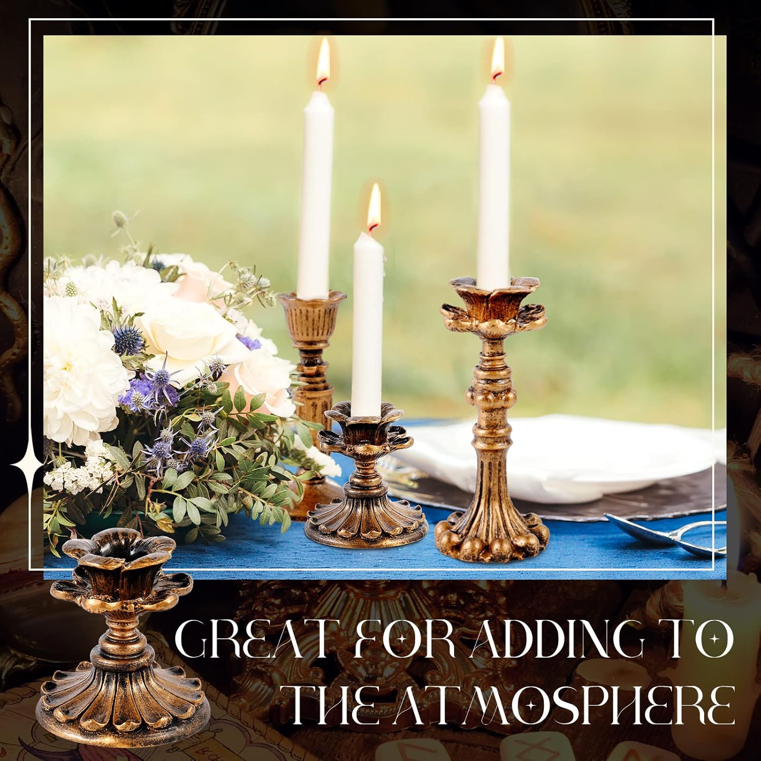 Suclain 6 Pcs Vintage Candlestick Holders Taper Resin Candle Holder Retro Antique Candle Holder Floral Decorative Candlesticks for Wedding Anniversary Table Centerpieces Fireplace Home Decor (Bronze) - Image 6