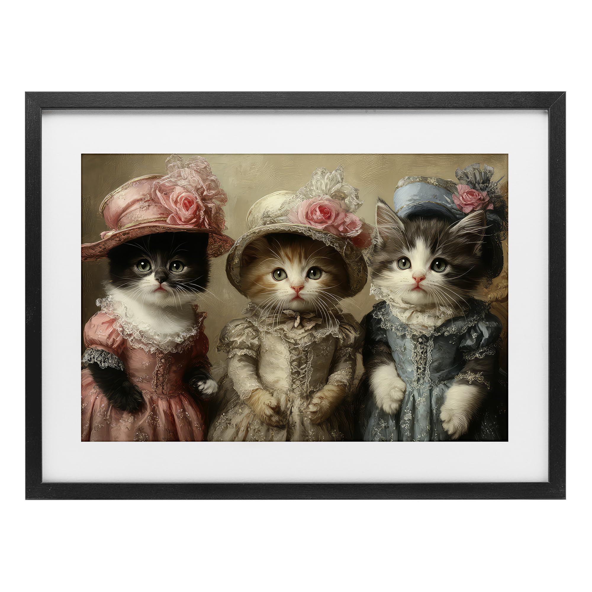 Stupell Industries Midnight Black (Textured) Vintage Dress Cats Floral Whimsical, 17 X 23 Inch Framed Print Under Glass