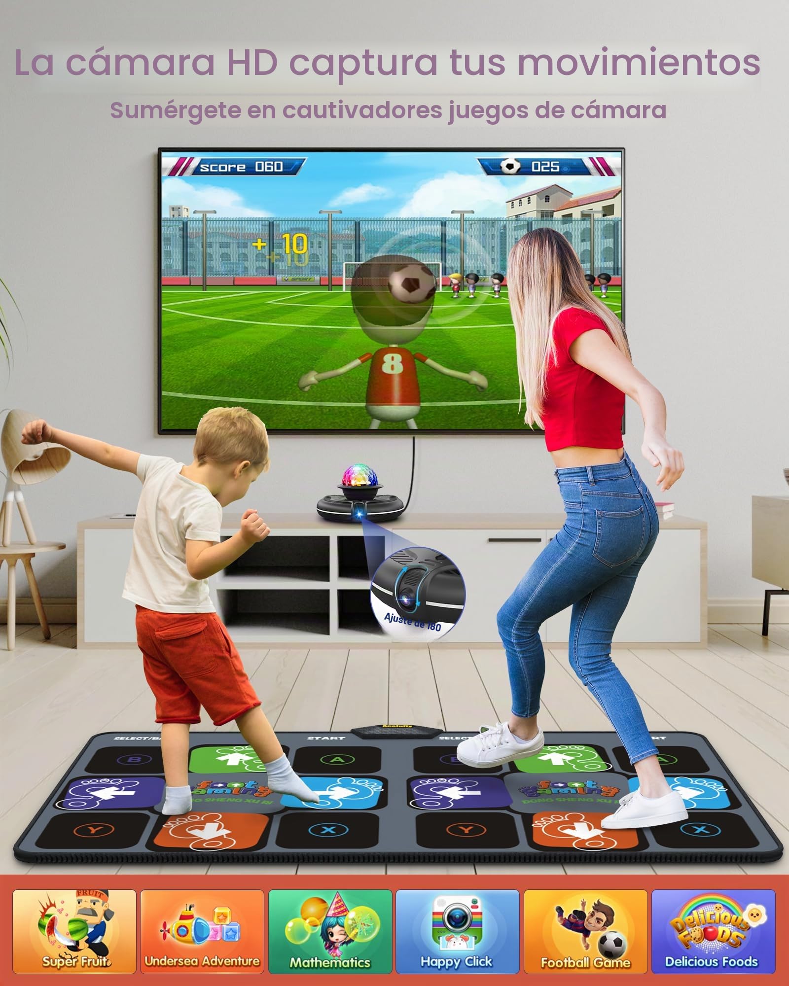 Alfombra de Baile para TV con cámara HD, Alfombra de Fitness Antideslizante para Interiores con 2 mandos inalámbricos y Bola de Discoteca de Colores, Regalo para niños y Adultos (Negro)