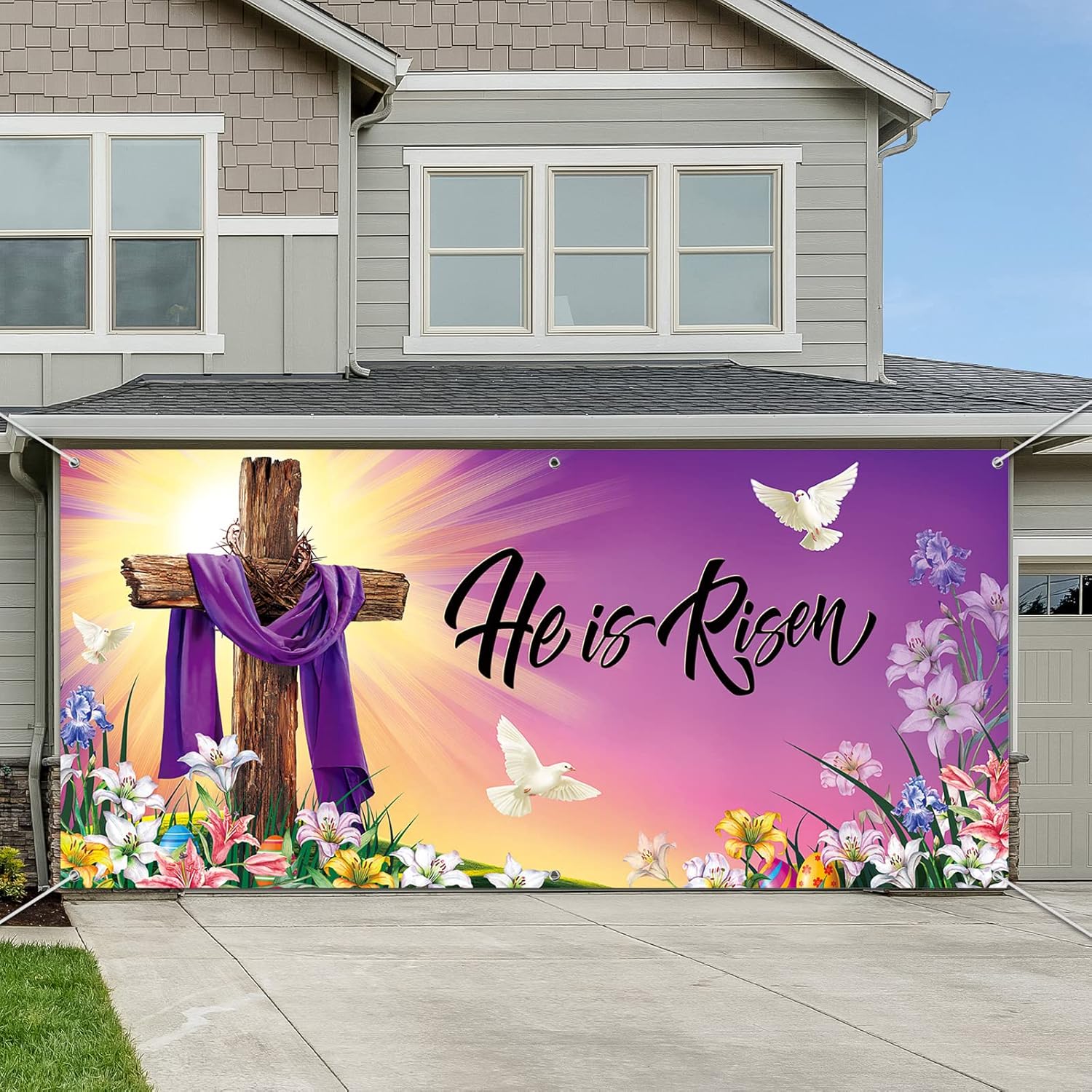 Outus Easter Nativity Garage Door Banner 13 x 6 ft Large Easter Garage Door Decoration Religious Backdrop for Wall Outdoor Eve Decoration