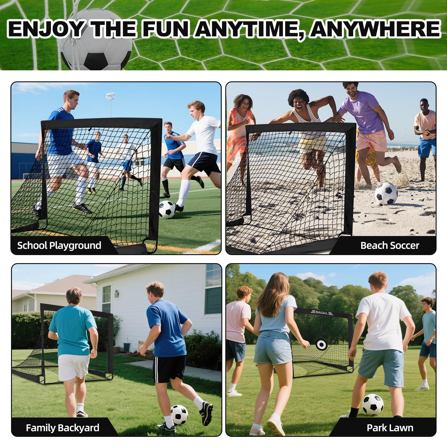 Bagail Fußballtor, Pop-Up-Fußballnetz mit Zieltor, Erdnägeln und Tragbarer Tragetasche, Einfach zu Montieren, Ideal für Gartentraining und Freizeitspiele