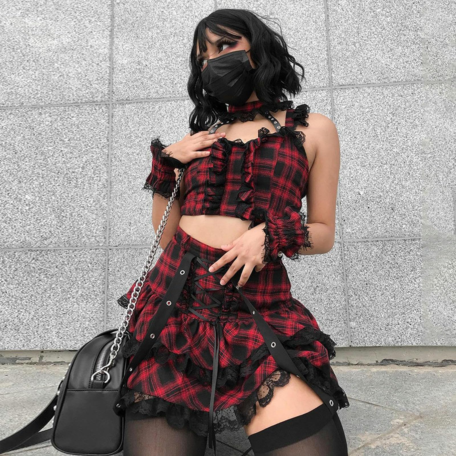 black and red emo dress WEITING Egirl Set Plaid Short Tops with Pleated Punk Skirt Grunge Y2k Gothic Clothing Aesthetic Goth Tank -Rose Red-S Fashion Custom-made Little Black Tulle Women's XXL IMPORTANT Knowing your body Size:17.5in / 44cm / XL