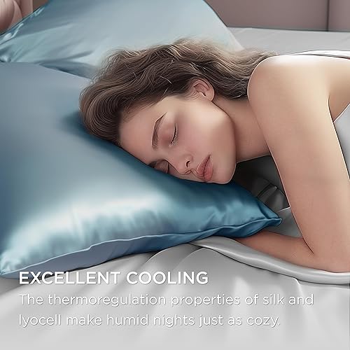 Miniatura 4 de Bedsure Funda de almohada de seda para cabello y piel, funda de almohada de seda de morera azul, fundas de almohada de seda tamaño estándar, regalos