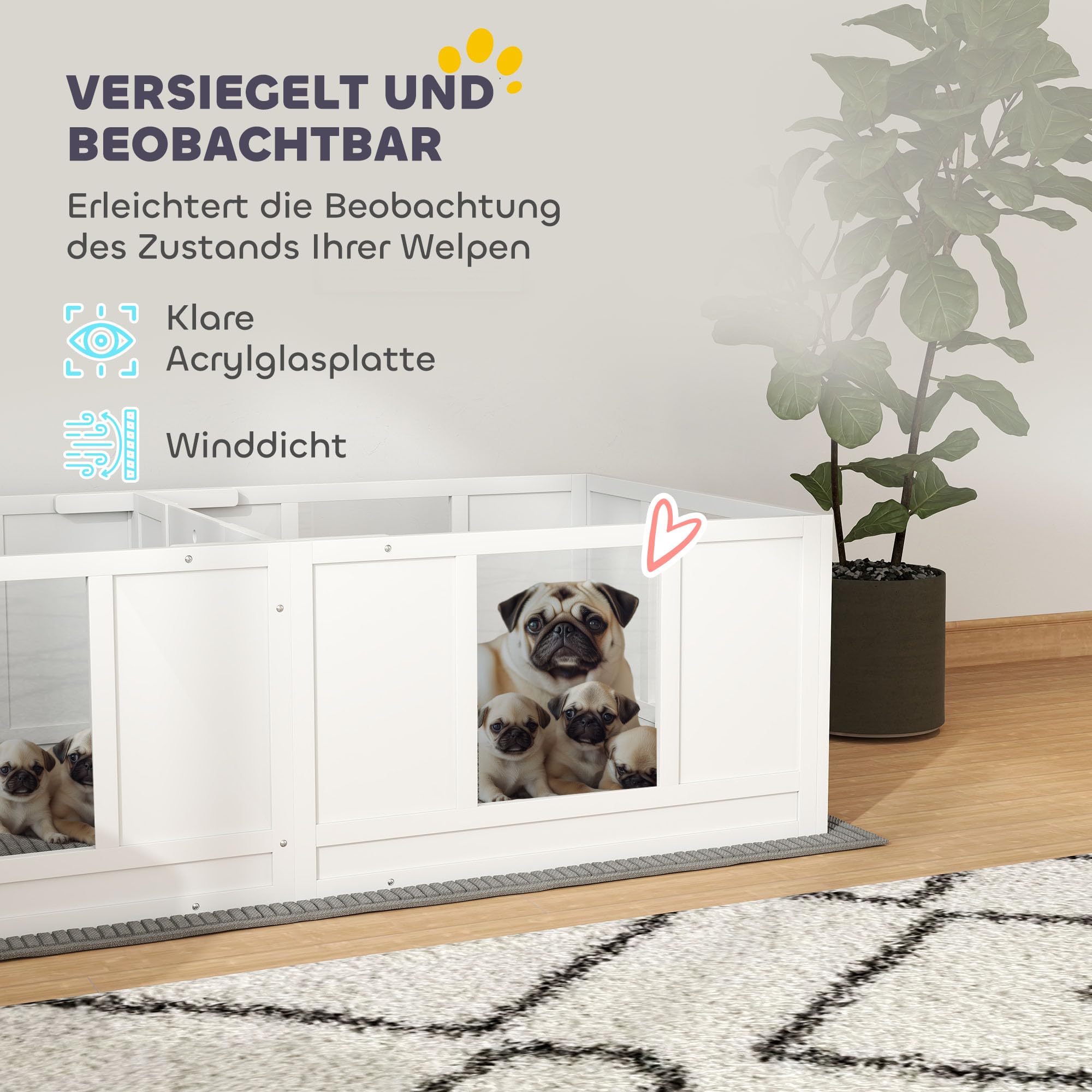 PawHut Wurfkiste für Welpen Wurfbox 2 Raum Kleine Hunde 164x80x48 cm Weiß | Welpenlaufstall, Hundelaufstall mit Tür, Welpenauslauf