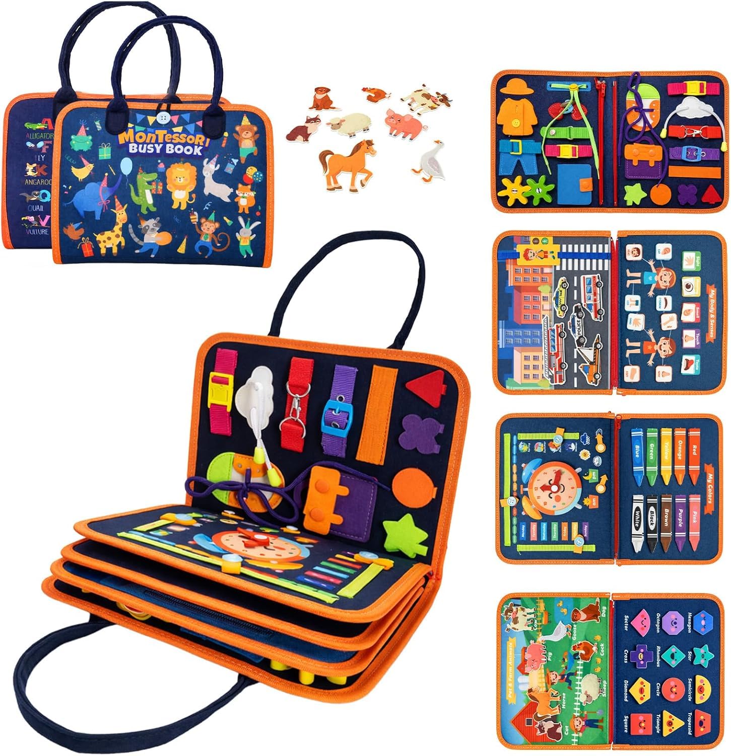 Y.H BLISSHAVEN Montessori Busy Book for Toddlers Ages 1-4 – 20-in-1 Educational Sensory Learning Toy, Interactive Quiet Activity Book for Fine Motor Skills, Preschool Travel Toy(Animal Style)