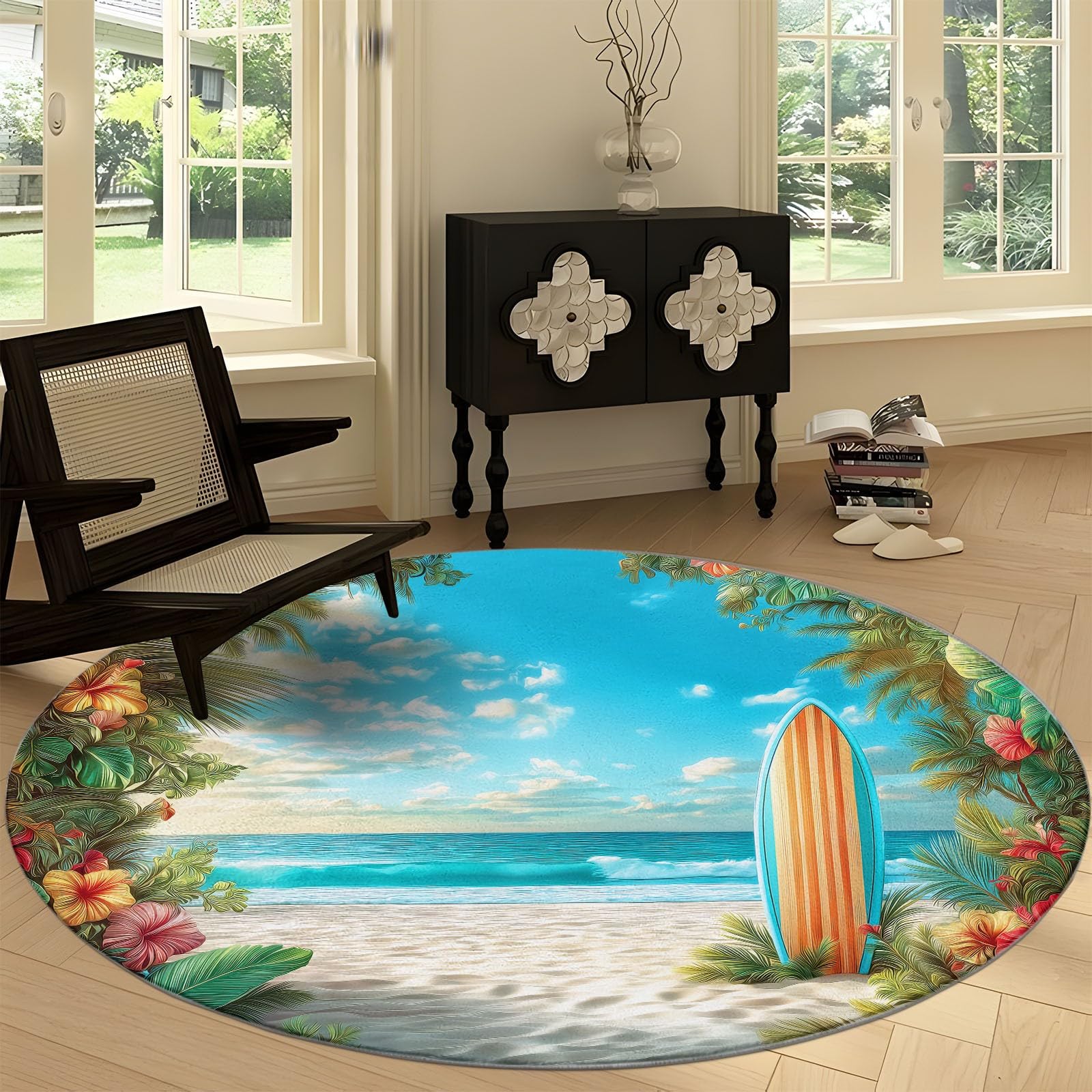 Tapis rond 150 cm lavable en machine et antidérapant motif surf