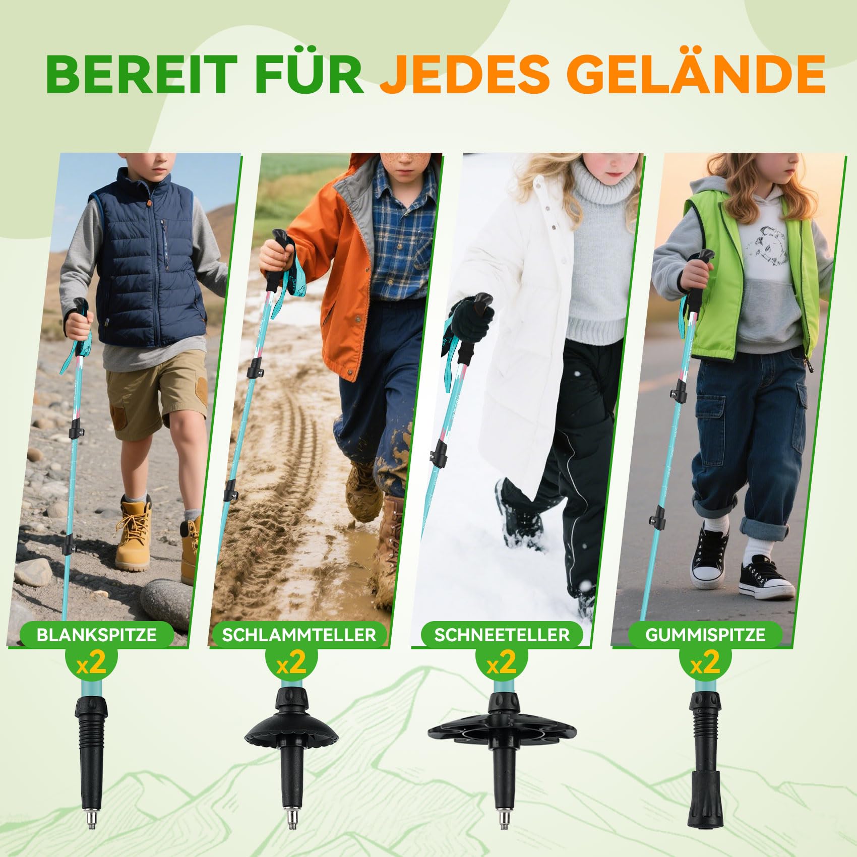 Clostnature Wanderstöcke Kinder Teleskop - Verstellbare Trekkingstöcke für Kinder, 2 Stück Leichte Walking Stöcke aus Aluminium für Wandern, Outdoor, Komfortabler Griff mit Handschlaufe, 50-96 cm