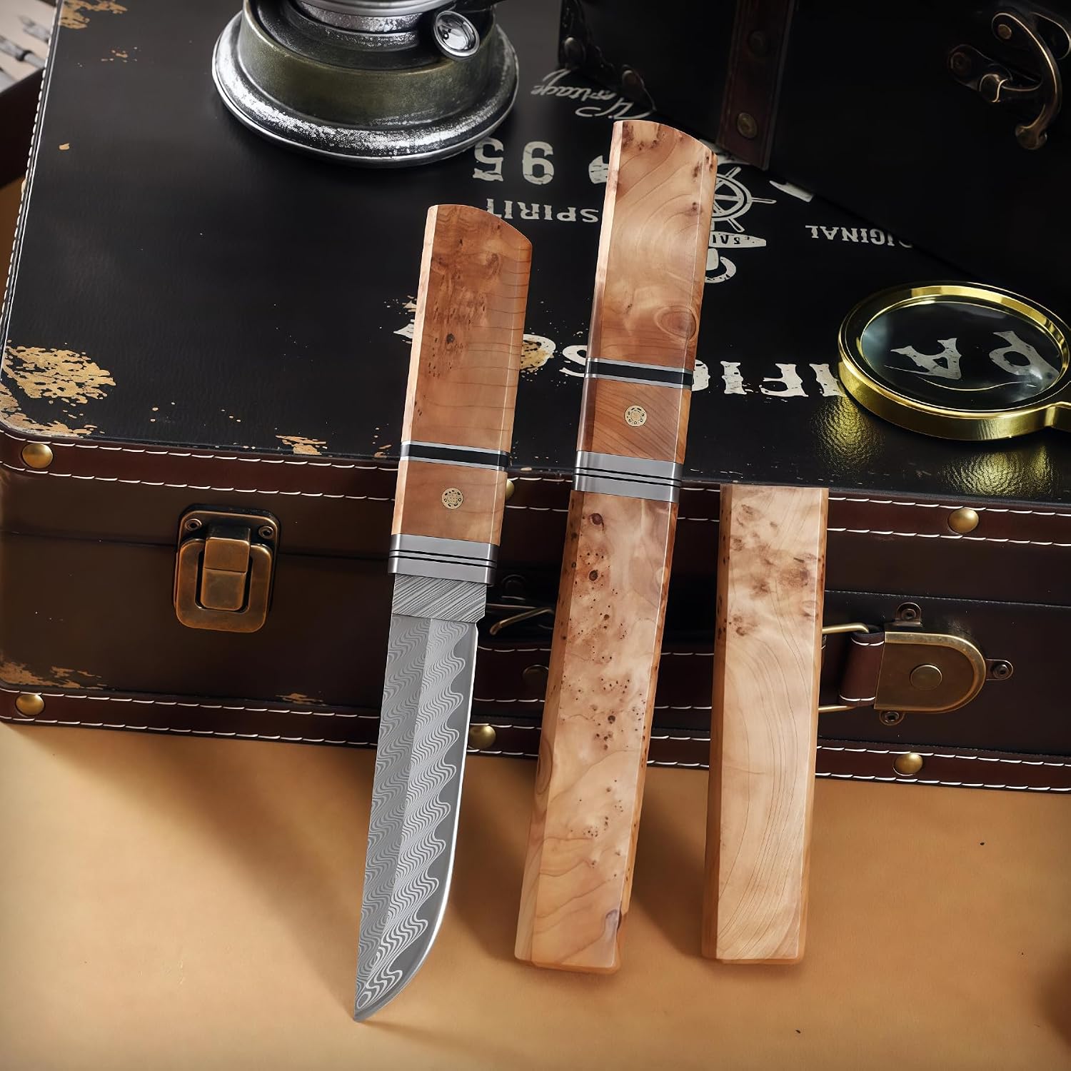 Damascus Steel Knife, Pocket Knife for Men, VG10 Steel Blade, White Shadow Wood Knife Sheath, Fixed Blade, Hand-Forged Damascus, Camping Knives & Tools, Pocket Knives, Men Gift