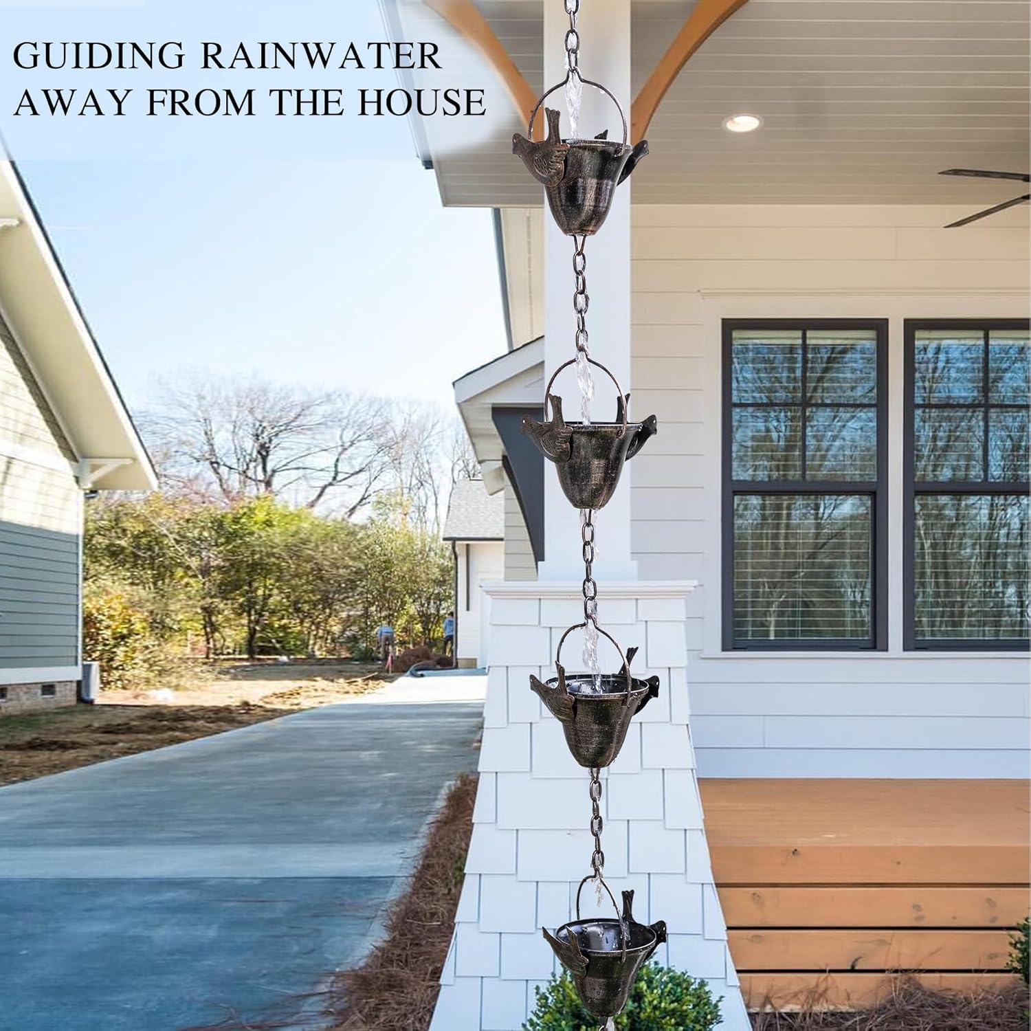 TZSSP 8FT Rain Chain with 12 Cups - Adjustable Gutter Downspout Replacement & Rainwater Catcher, Outdoor Decor with Hummingbird Design for Garden, Roof, Drainage