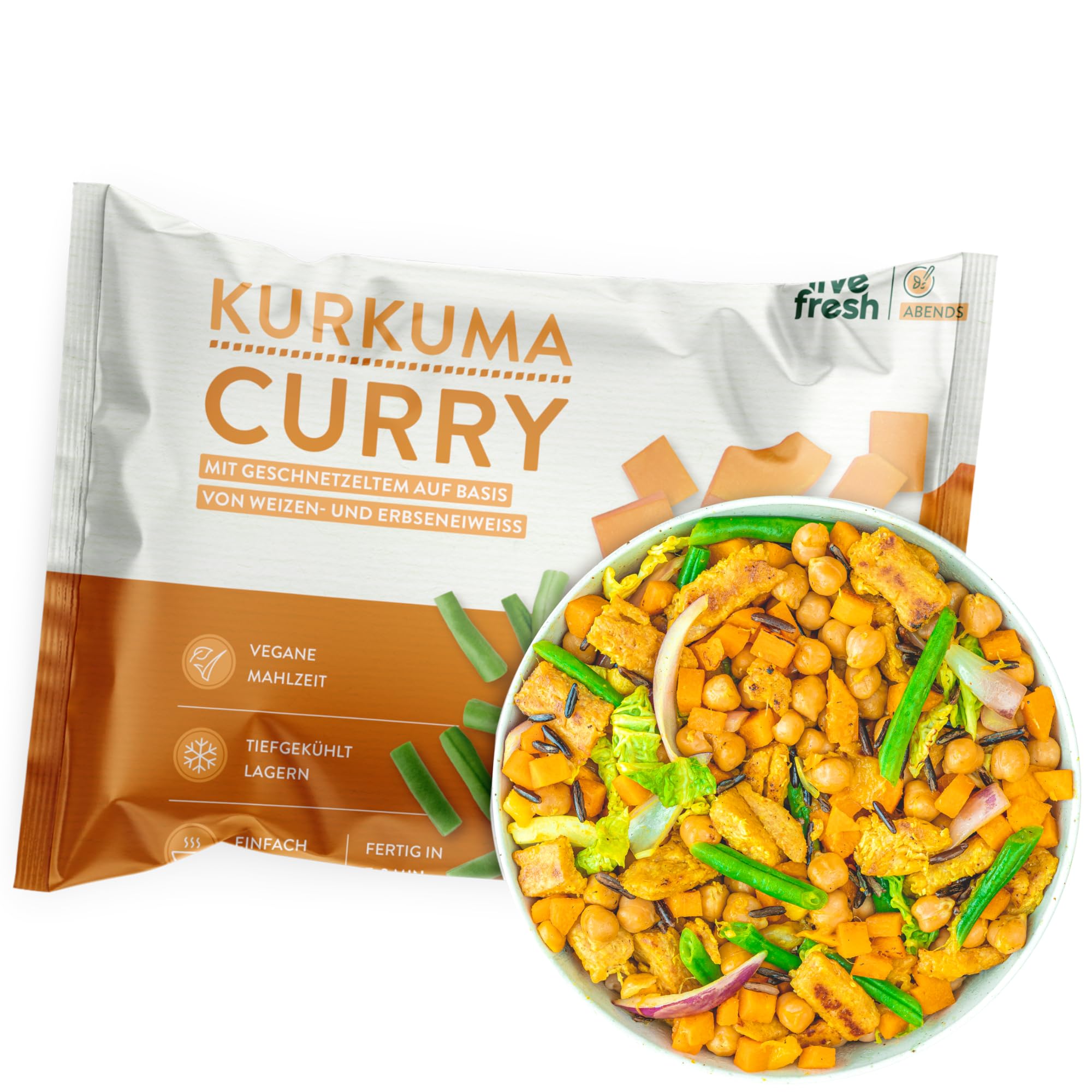 LiveFresh Kurkuma Curry | 14 x 400g vegane Diät Feriggerichte | Low Carb Lebensmittel mit 30g Protein und nur 450 kcal pro Portion | Schnell zubereitet | Schonend schockgefrostet