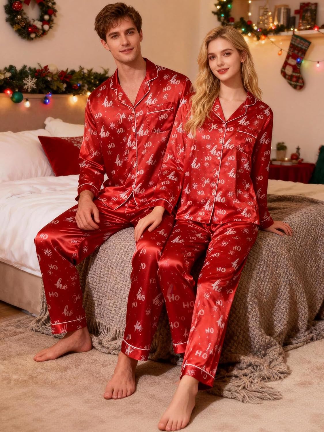 Satin Christmas Pajamas for Adult Women Men Button Down Pjs Couples Pijamas Matching Sets Sleepwear Loungewear - Image 3