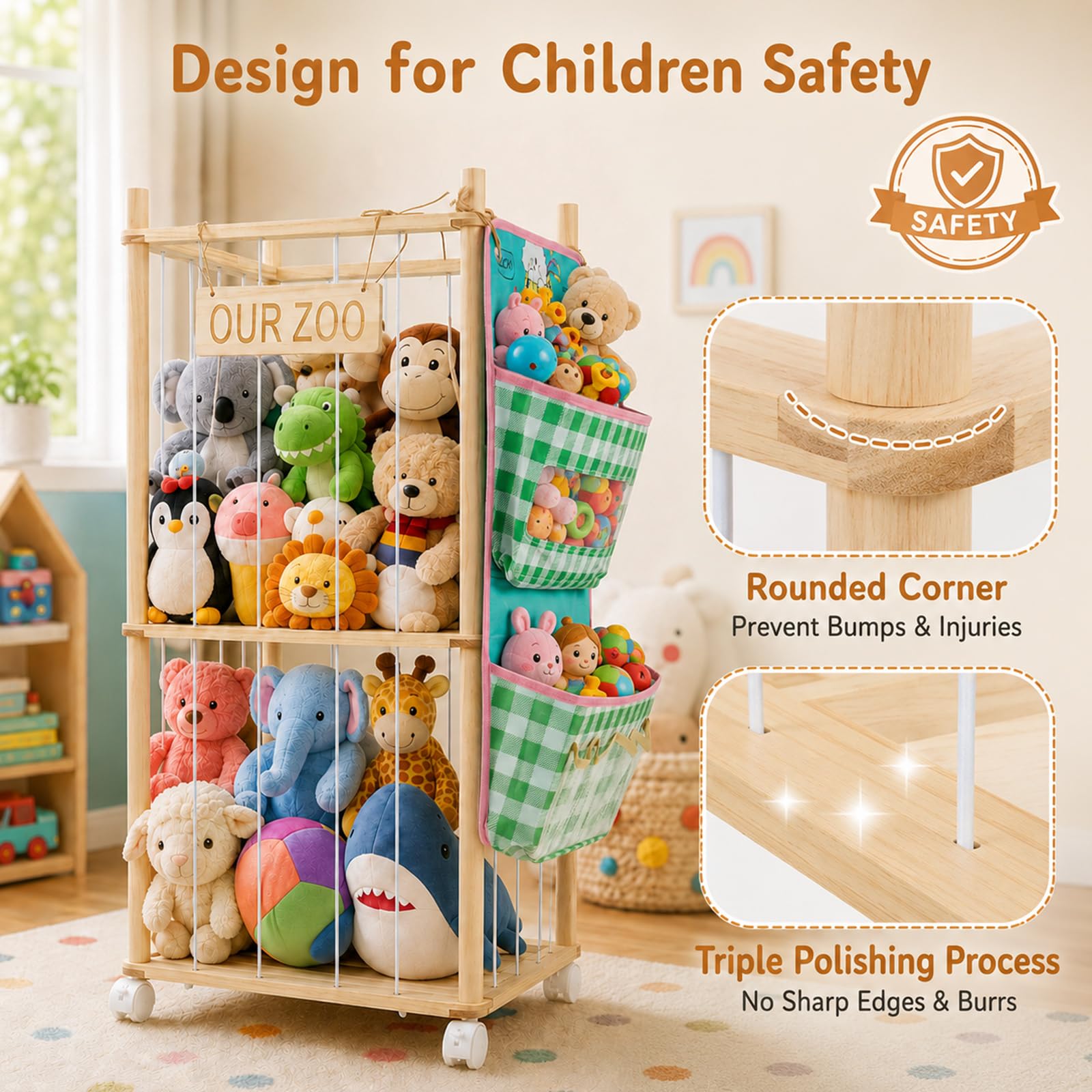 Kuscheltier Aufbewahrung aus Holz, 95cm Stofftier Aufbewahrung mit Rollen & 2 Hängetaschen, Plüschtier Aufbewahrung Kinderzimmer