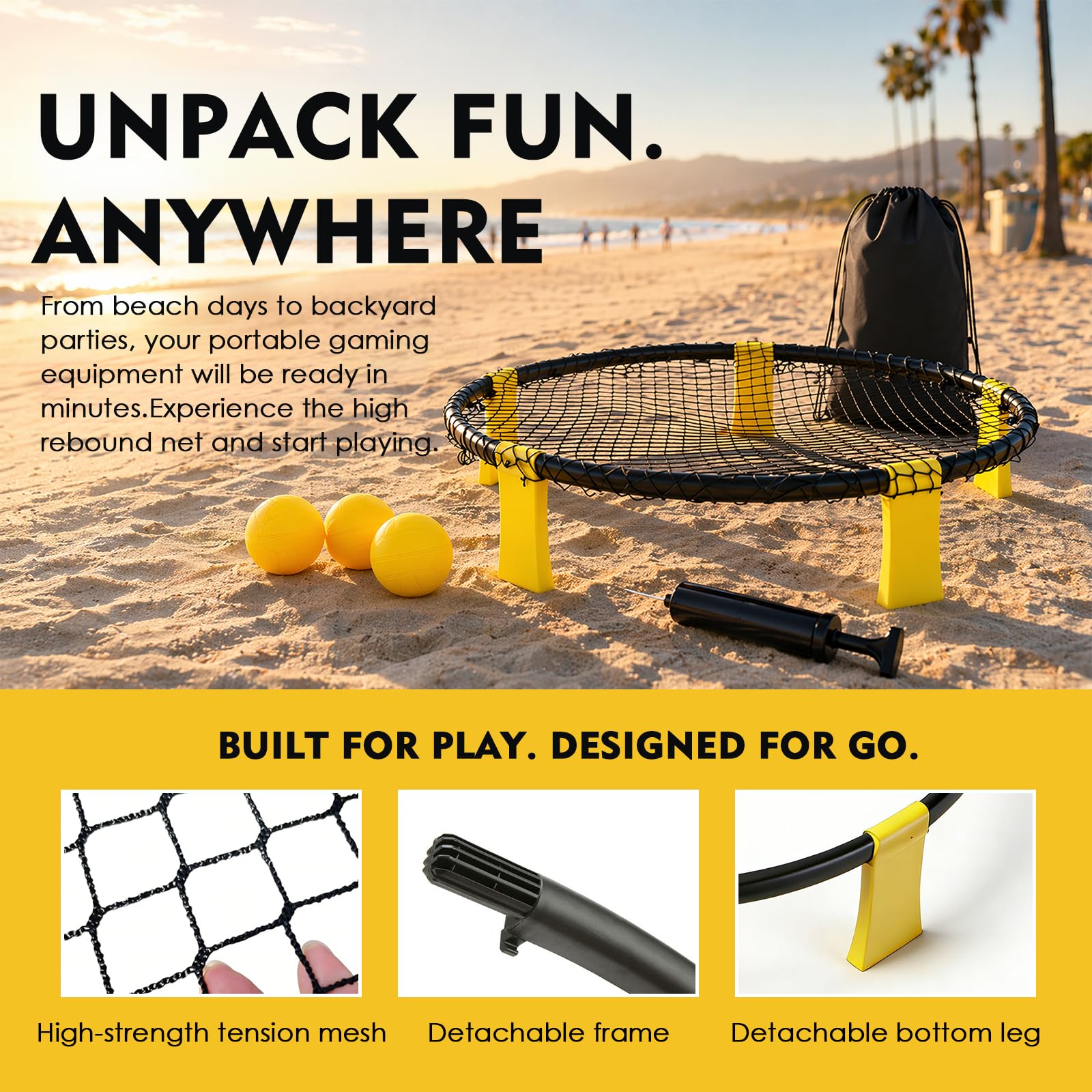 Set Roundnet Completo con 3 Palline, Rete, Pompa e Borsa da Trasporto, Gioco da Spiaggia e Giardino per 2-6 Giocatori