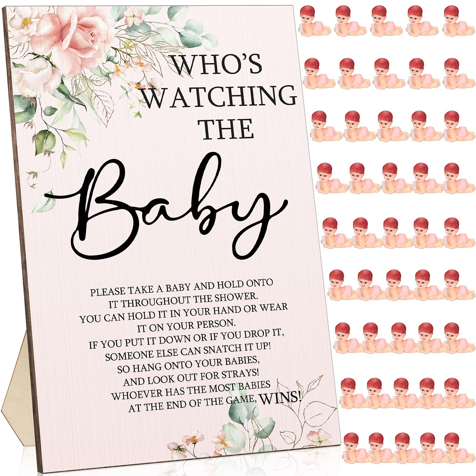 51 Pcs Cool Baby Shower Games Flower Funny Who's Watching the Baby Sign Wooden Game Sign Baby Gift Sets 50 Pcs Tiny Plastic Babies Small Mini Baby