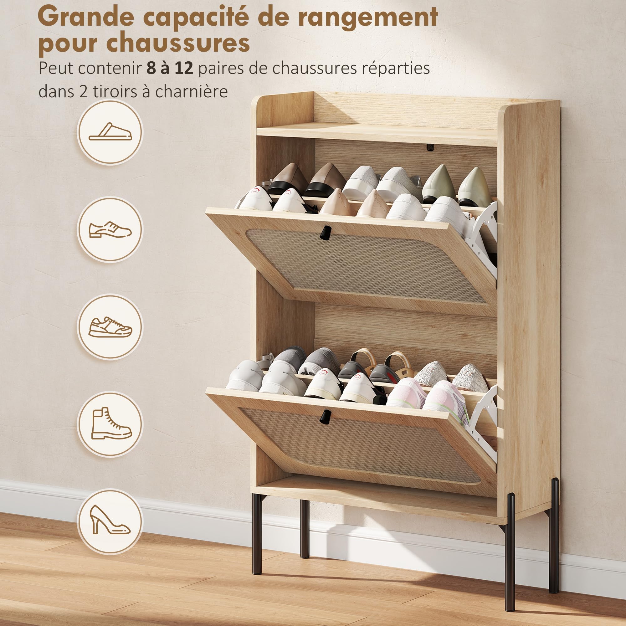 HOMCOM Meuble à Chaussures 12 Paires Étroite Bohème 60x23,7x99,5cm Chêne