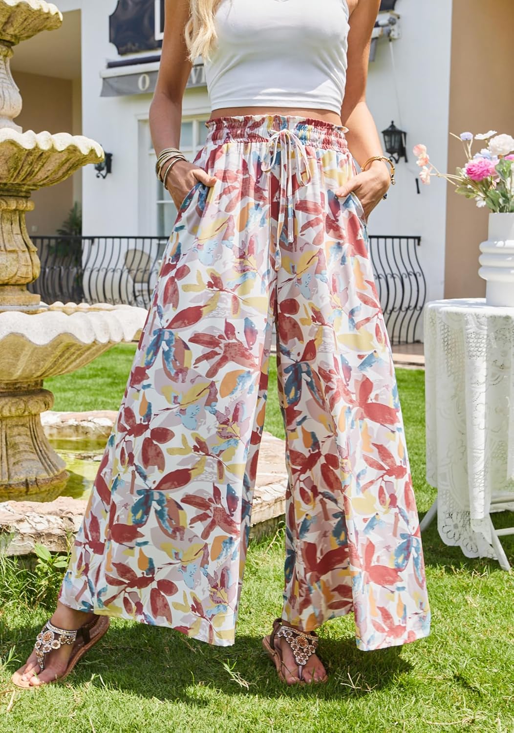 SimpleFun Women's Palazzo Pants Boho Floral Wide Leg Trousers Summer Beach High Waisted Flowy Pants with Pockets - Image 3