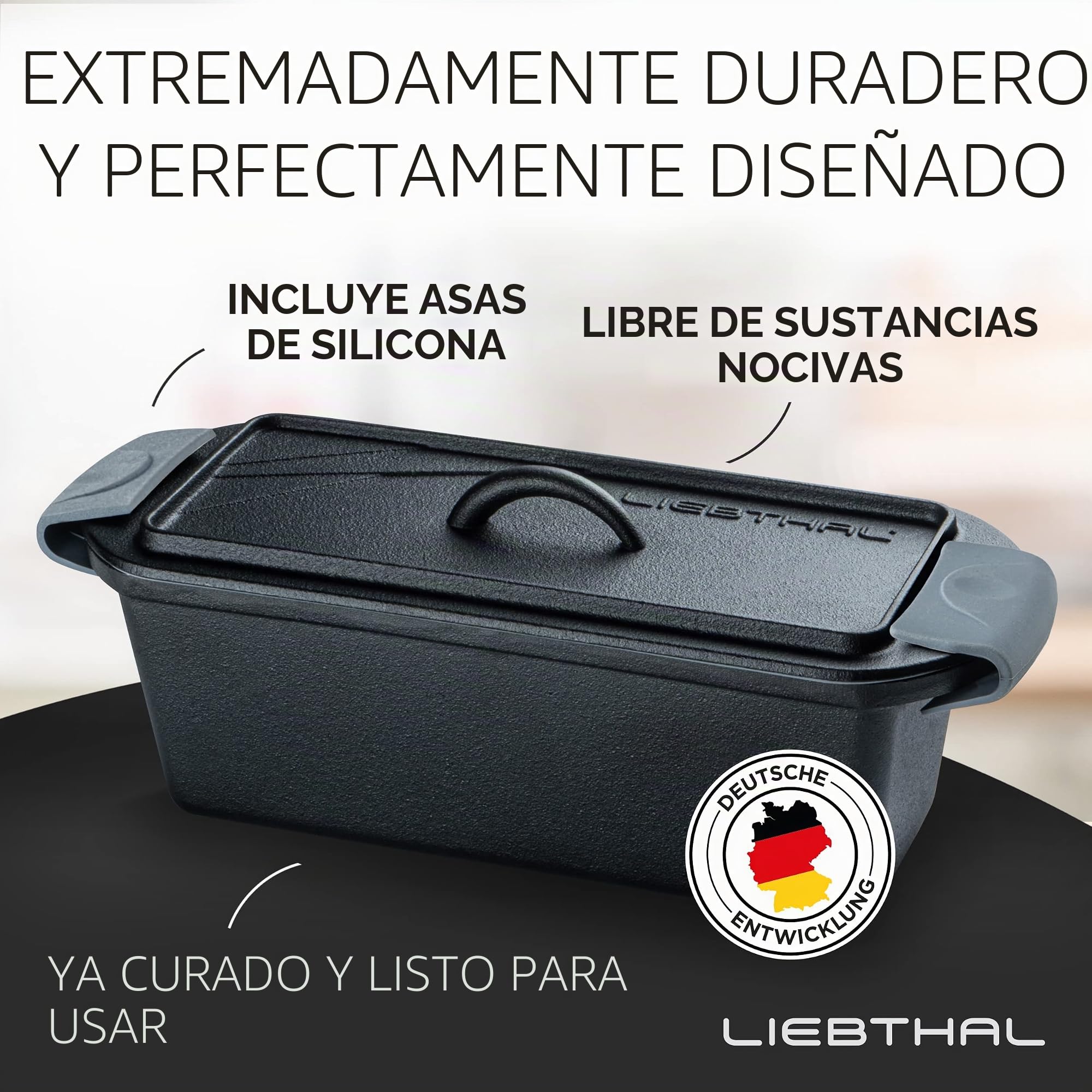 LIEBTHAL Molde para hornear pan con tapa, inserto de silicona antiadherente de ajuste perfecto, olla de hierro fundido presazonada, 3,5 L, molde para hornear pan para asar, hornear y estofar