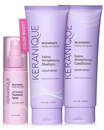 Keranique Juego de champú y acondicionador tratado con color con spray para engrosar el cabello, juego de refuerzo de color enriquecido con