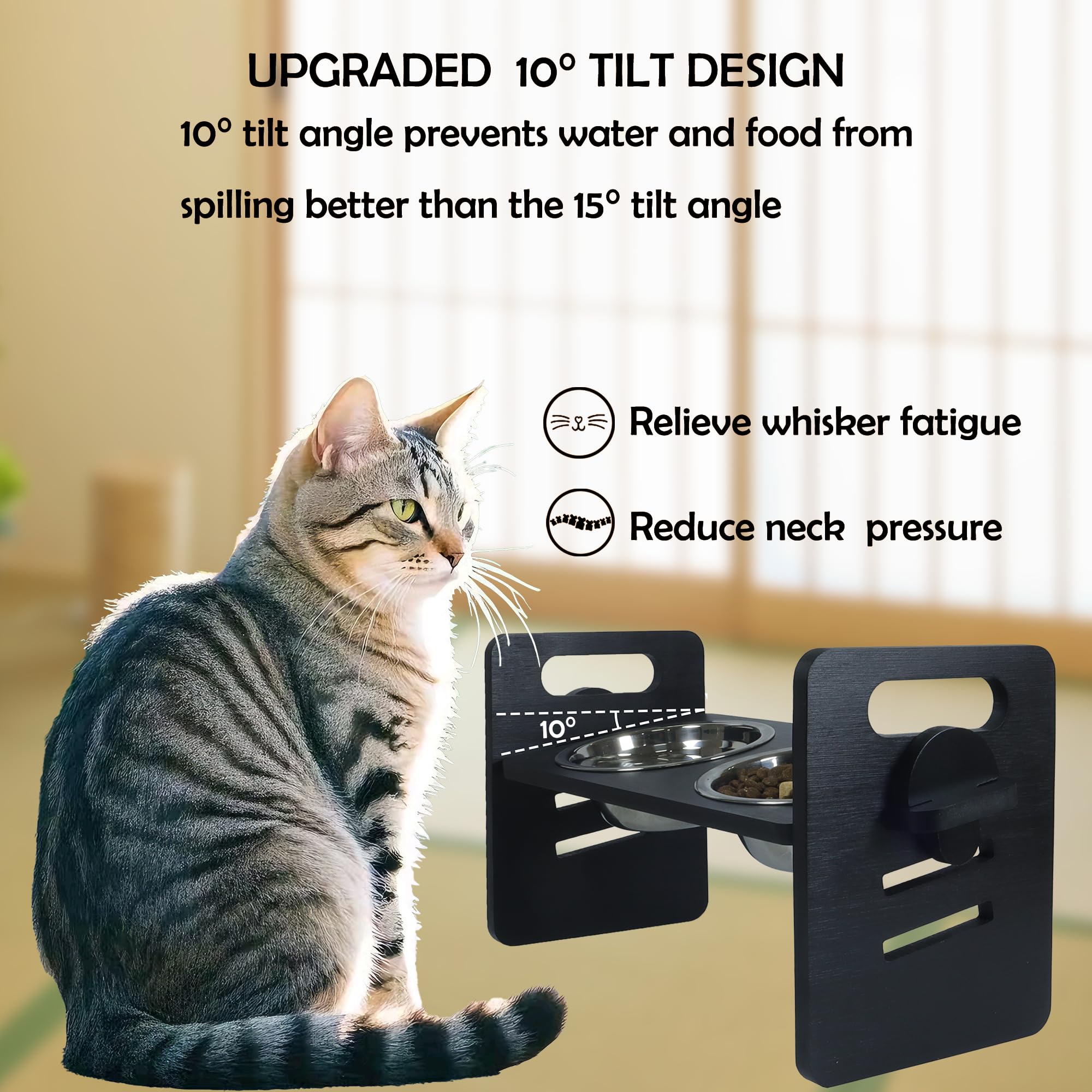 10° erhöhter Katzennapf für Futter und Wasser, erhöhtes Katzennapf für Indoor-Katzen, 3 verschiedene Höhen, Bambus-Katzenfutterständer, Anti-Schnurrhaar-Müdigkeit, für Katzen und Welpen, 1 Stück,