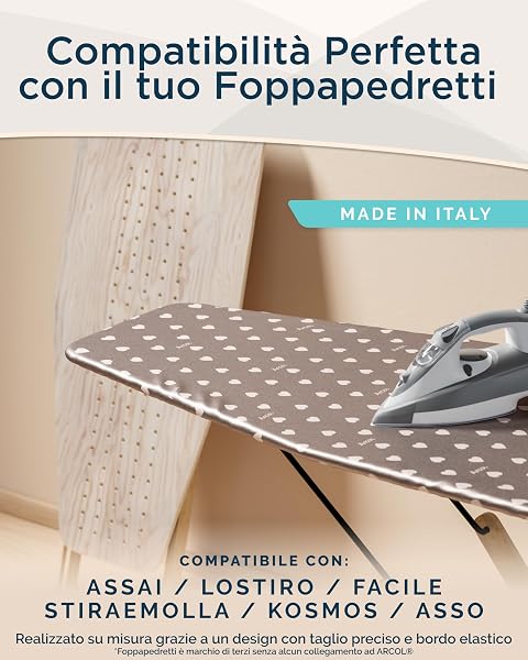 ARCOL Copriasse da Stiro ad Elastico Compatibile per Asse da Stiro Foppapedretti - Made in Italy - Ricambio Copertura asse da Stiro 100% Cotone - Telo asse da stiro (Copertina, Beige Cuori Bianchi) - 2