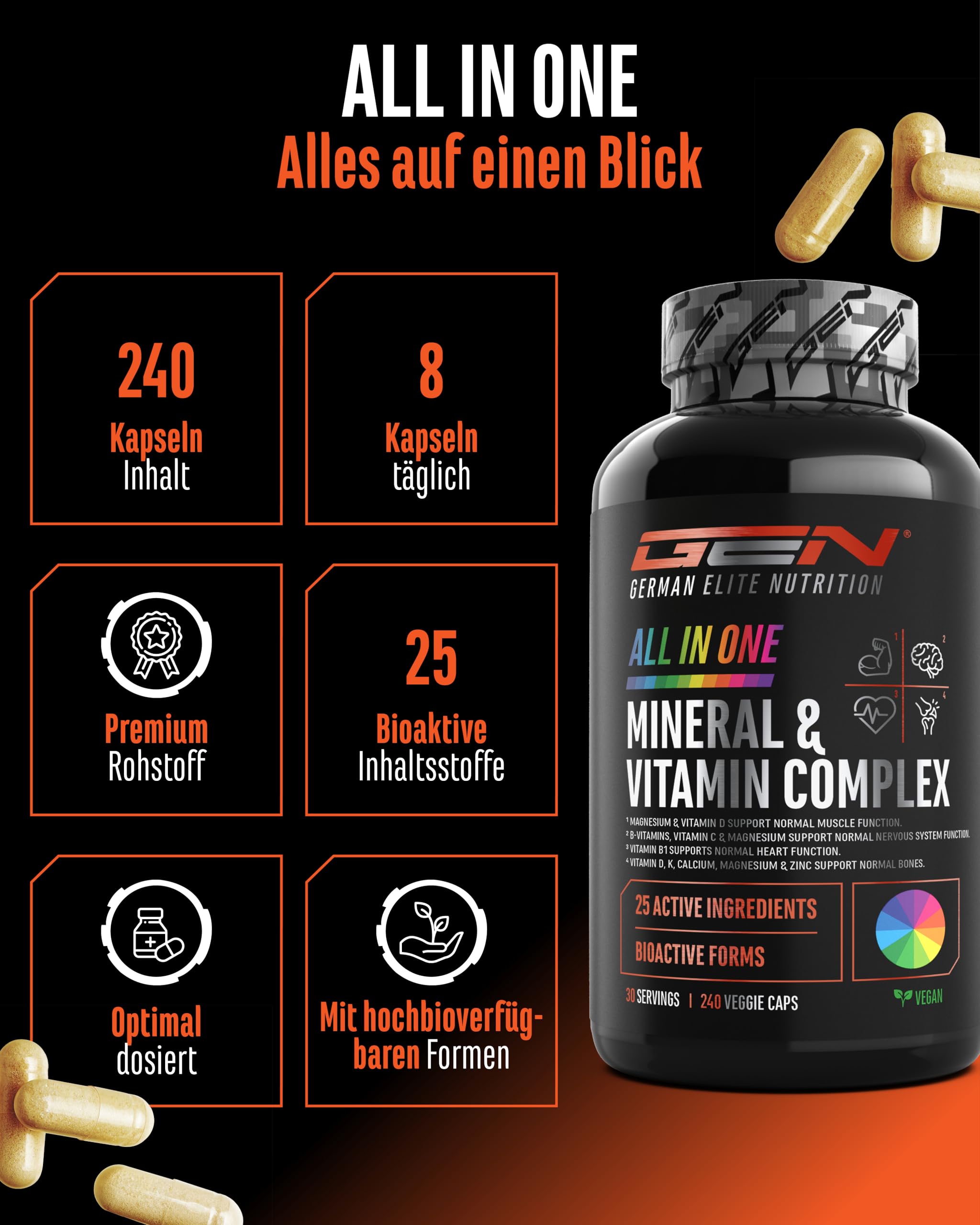 ALL IN ONE Mineral & Vitamin Complex - 25 bioaktive Vitamine, Mineralstoffe & Spurenelemente - Mit Magnafolat® PRO, K2VITAL® MK-7 & Methylcobalamin - Hochdosiert - Vegan - 240 Kapseln