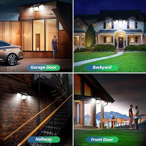 Miniatura 8 de Luces solares para exteriores de 6500 K, 3000 lúmenes, 304 luces LED con sensor de movimiento, luces de seguridad de 3 cabezales, IP67 impermeable,