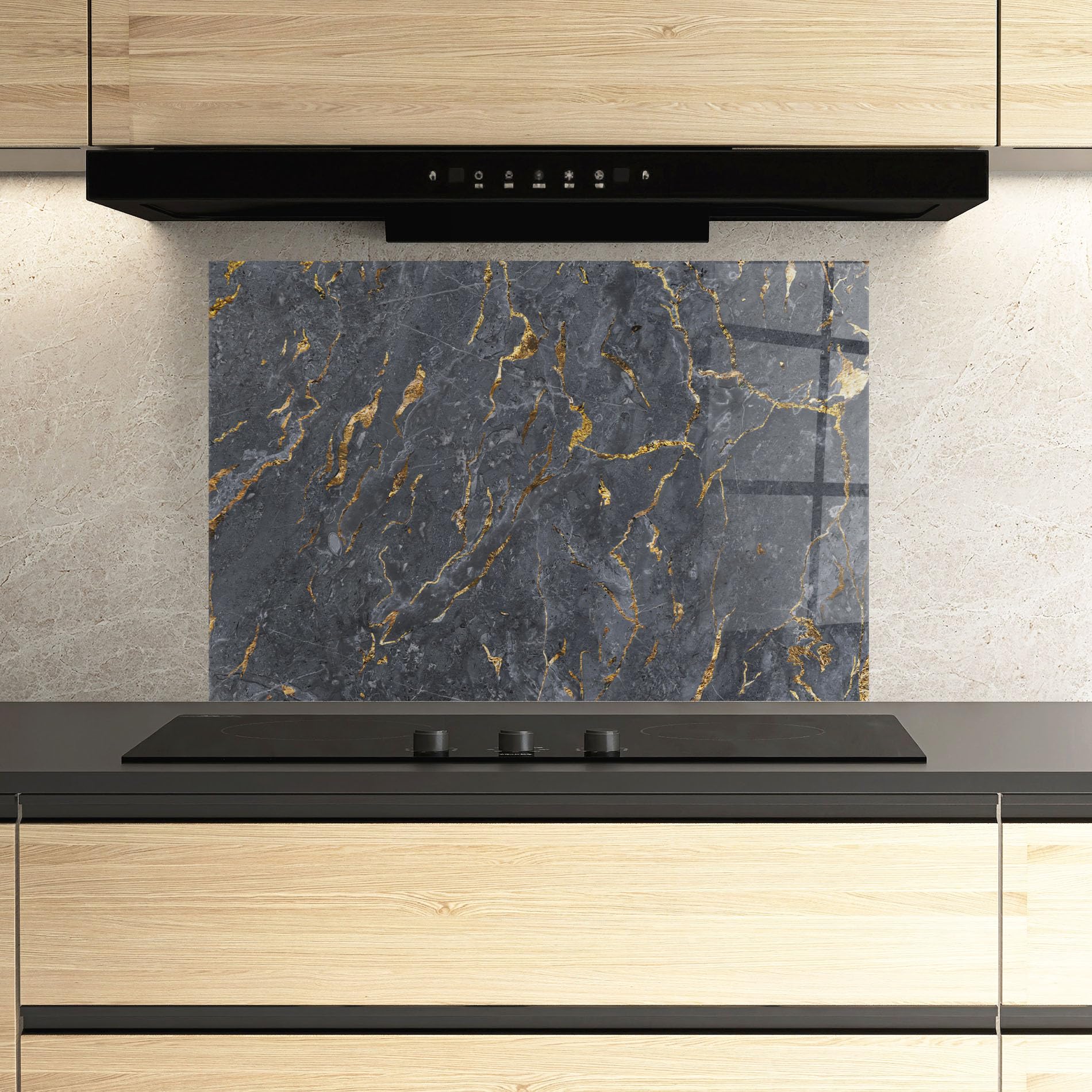 ARTHUB® Crédence de Cuisine en Verre 70x100 cm, Gold Grey Marble | Protection Contre Les éclaboussures, Revêtement Mural en Carreaux, Plaque en Verre, Verre trempé, Abstrait, Marbre