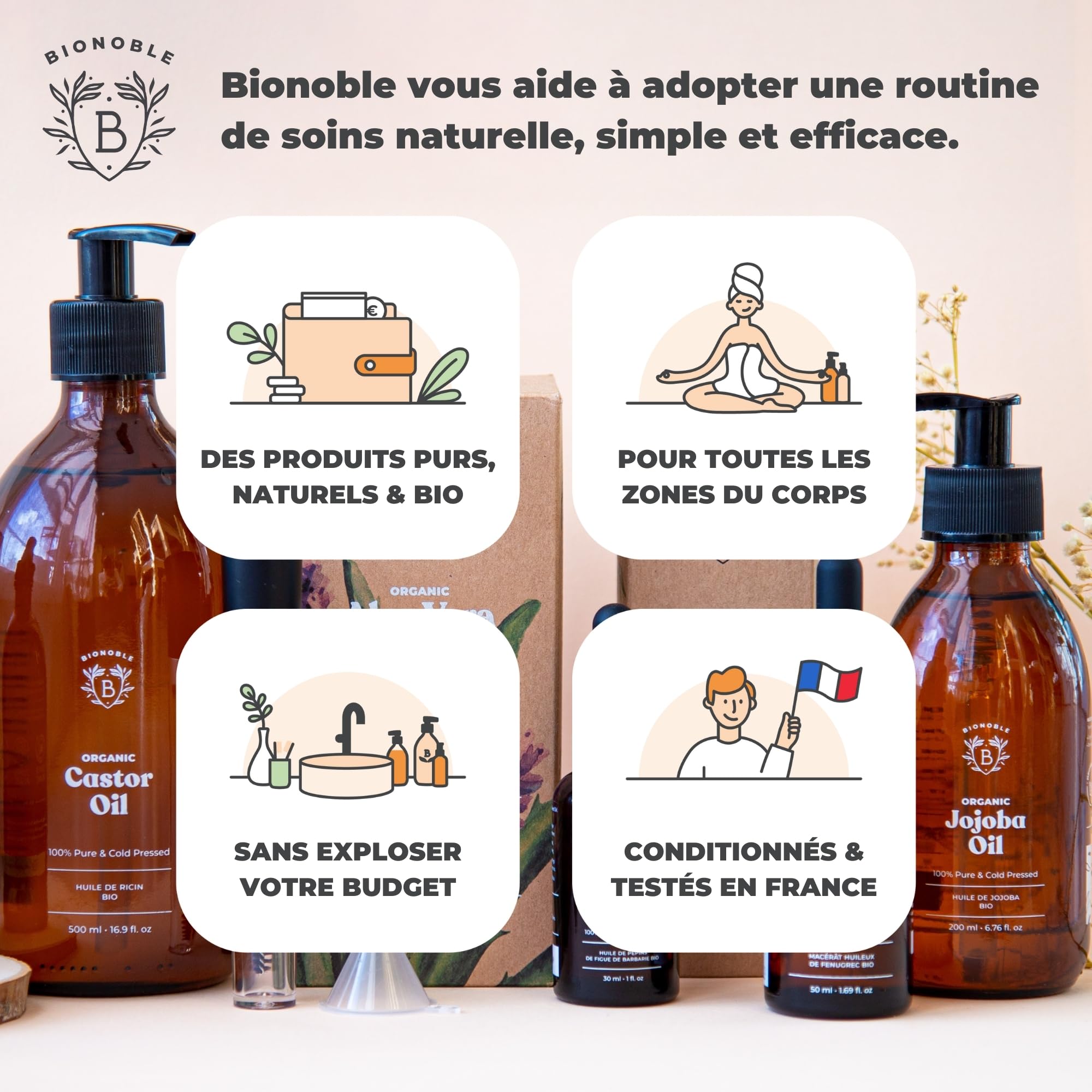 BIONOBLE Coffret Beauté Femme Bio - Huile de Ricin, Argan, Jojoba - 3x100ml | 100% d'Origine Naturelle, Vegan - Soins Visage, Corps, Cheveux - Coffret Cadeau Femme Bio, Idéal à Offrir - Flacons Verre