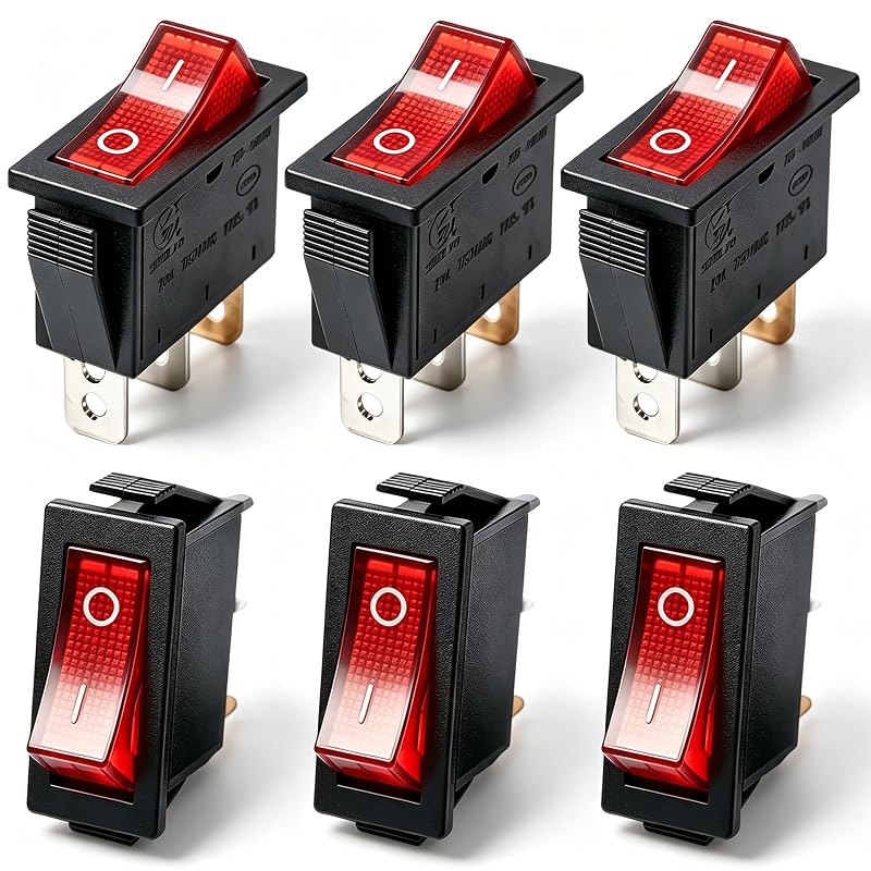 Chave tipo Rocker Basculante TWTADE Iluminada Vermelha SPST 3 Pinos ON/OFF KCD3-101N-R – Pacote com 6