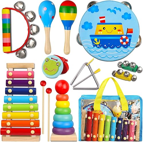 LOOIKOOS Juego de instrumentos musicales para niños pequeños, instrumentos de percusión de madera, juguete para niños, bebés, preescolar, juguetes