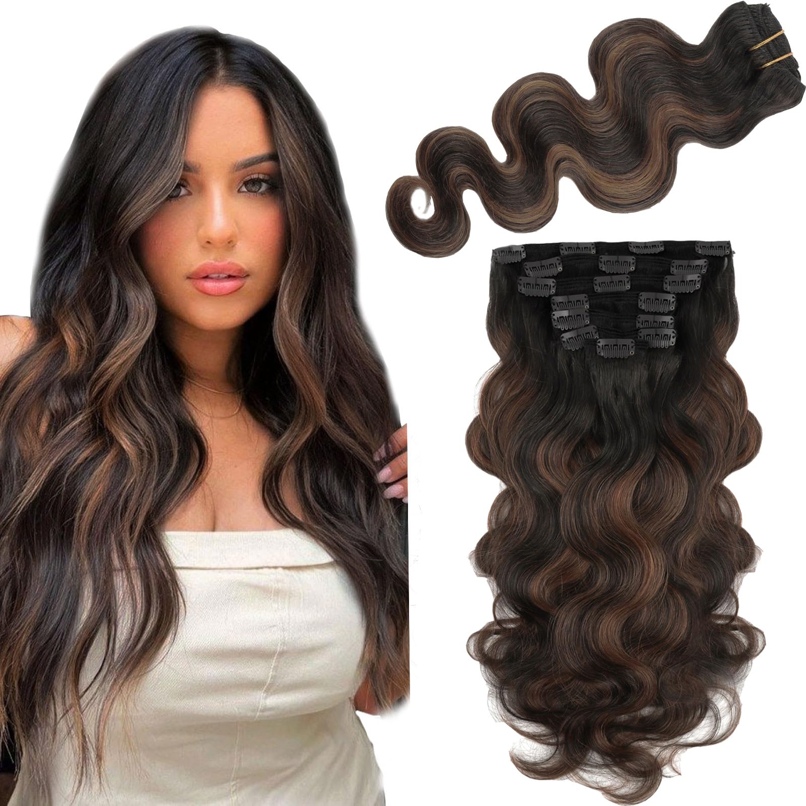 Sassina Clip in Hair Extensions Human Hair Body Wave Clip in Real Human Hair Extensions Two Tone Natural Black to Chocolate Brown Remy Soft Human Hair