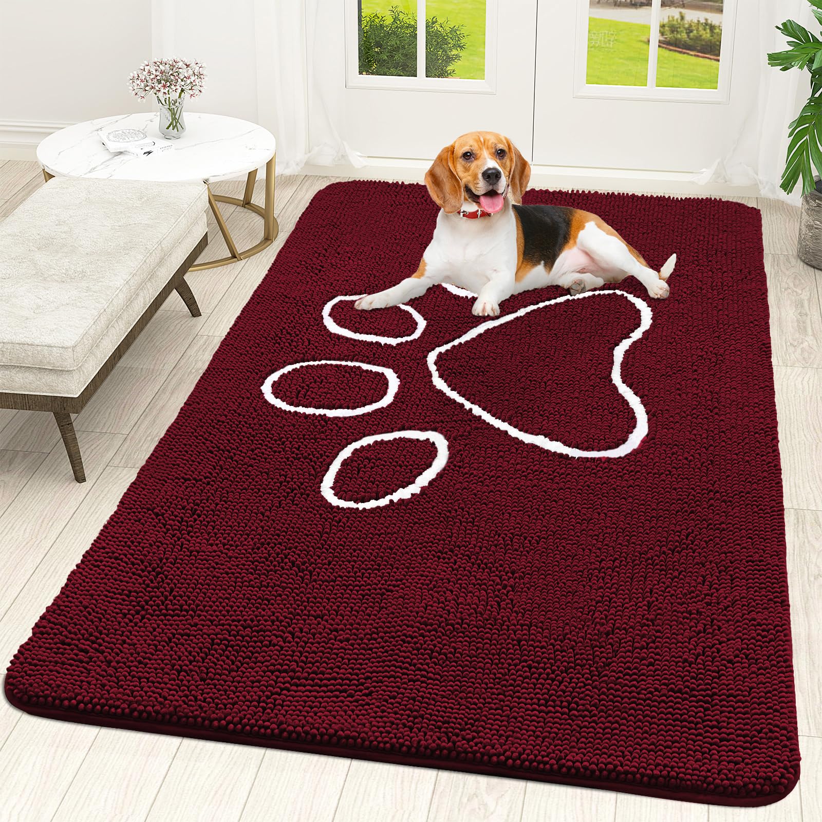 OLANLY Door Mat for Muddy Dog Paws 70x46, Ultra Absorbent Chenille Mud Doormat with Paw Print Design, Non-Slip Washable Doormat for Indoor Entryway, Quick-Dry Pet Bed Mats for Dirty Dogs, Burgundy — image 1