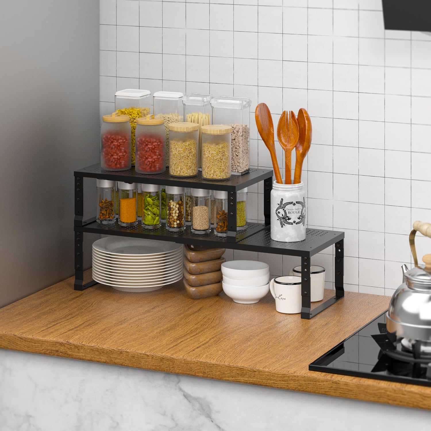 Flat Top Metal Stackable Expandable Storage Rack, Over Sink Shelf & Countertop Space Saver, Heavy-Duty Steel Construction, Powder Coated Finish for Kitchens, Bathrooms, Workshops or Offices