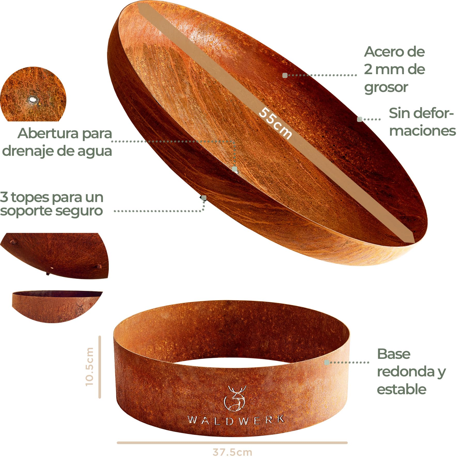 WALDWERK Basero Design – Brasero Exterior Jardin – Hogar de Fuego de Acero de 2 mm de Grosor – Brasero de 55cm con Aspecto Moderno de pátina de óxido