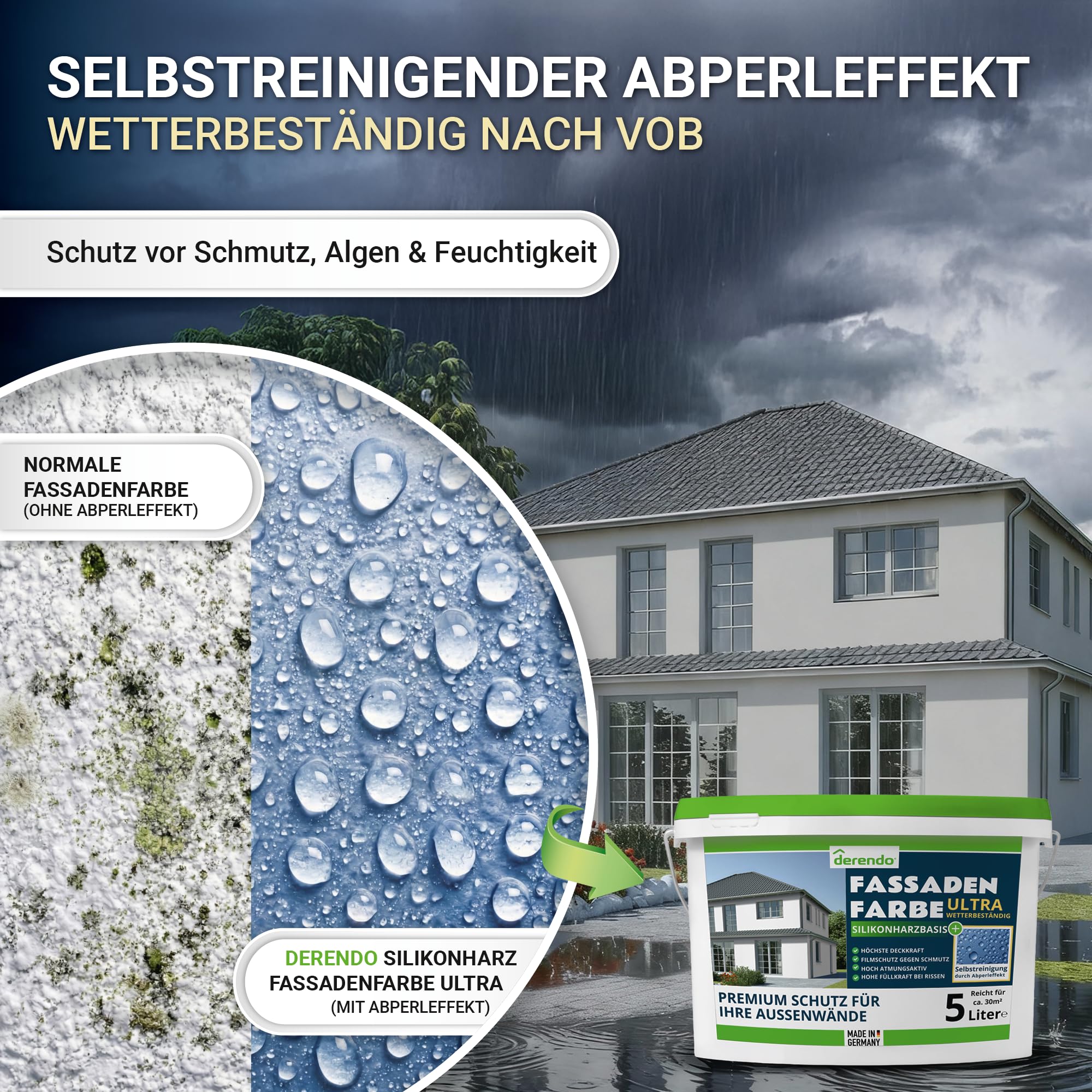 derendo Silikonharz Fassadenfarbe grau ULTRA Wetterschutz, 5l, Abperleffekt wie beim Lotus Blatt, inkl. Schutz vor Verunreinigungen durch die hochwertige Silikonharz-Beschichtung (Elefantengrau)