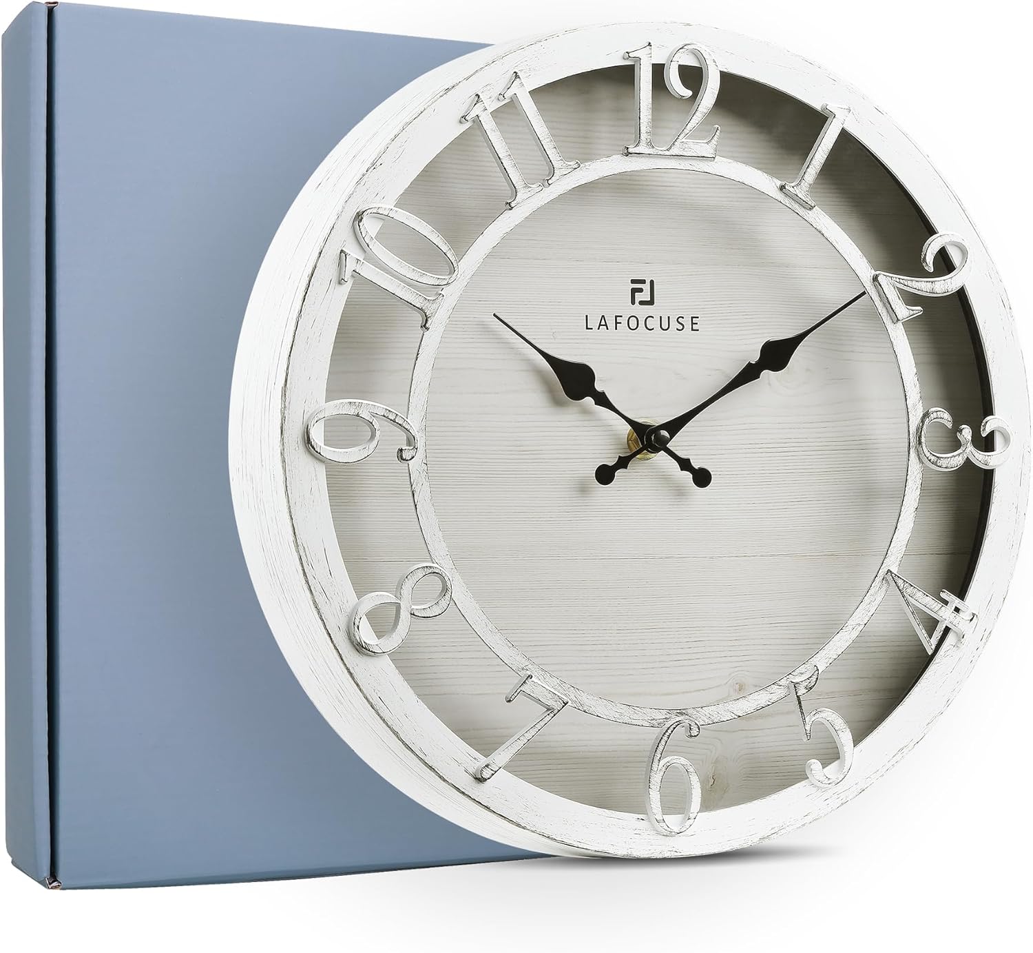 Lafocuse 12 Inch Raised 3D Numbers White Wall Clock Kitchen Battery Operated, Silent Farmhouse Distressed Rustic Wall Clocks for Living Room Decor