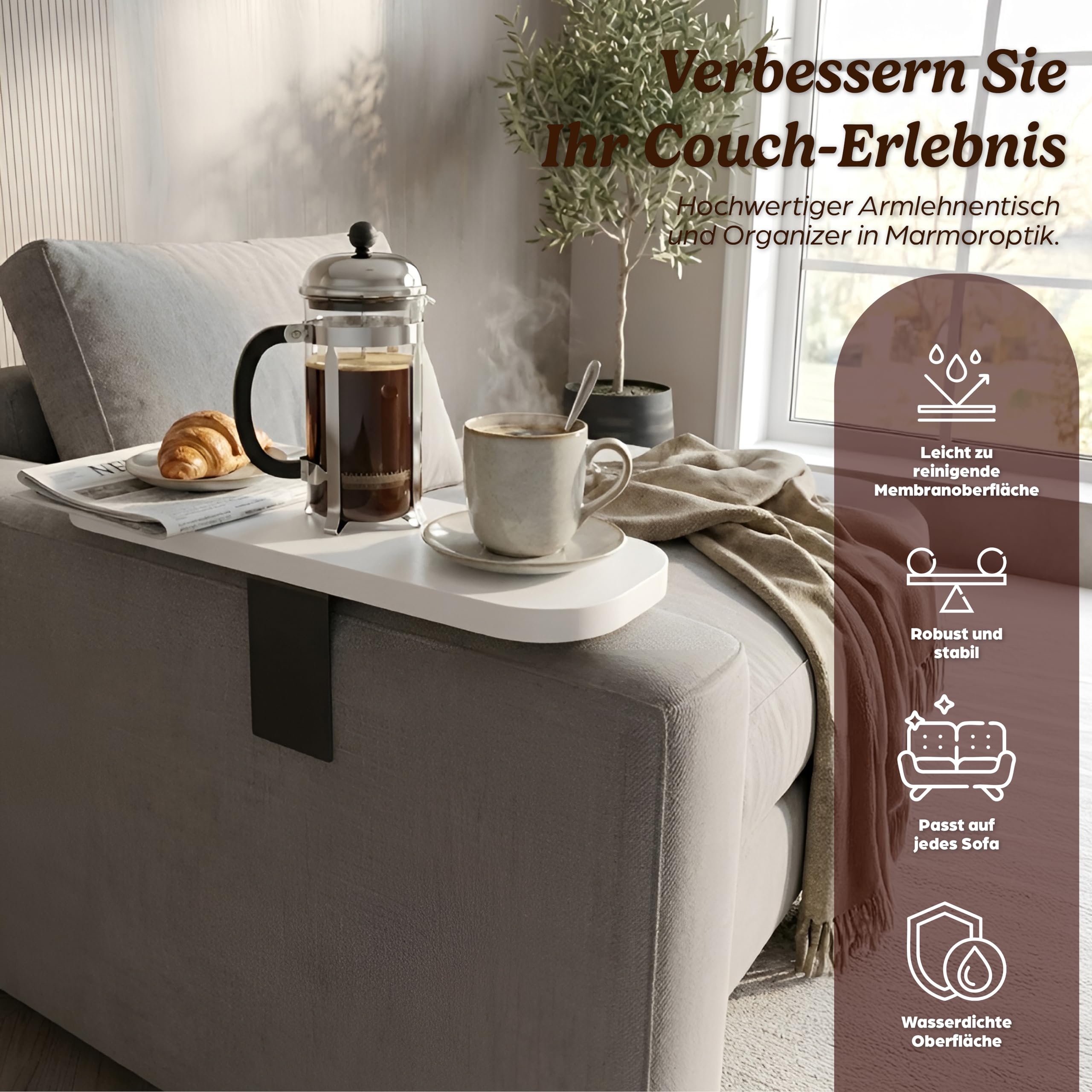 LeoHome Sofa Tablett für Armlehne – Verstellbare Couch-Ablage & Getränkehalter – Längs & Quer für Breite & Schmale Lehnen – Wasserfestes, Robustes MDF (38 x 14 cm), Weiß