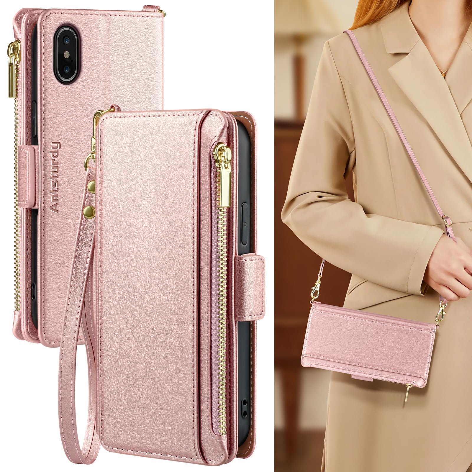 Antsturdy Crossbody Phone Wallet Case for iPhone X/XS,Rose Gold | RFID Blocking,PU Leather Flip Cover,Kickstand,with Credit Card Holder,Wrist Strap