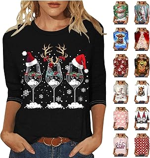 Chdirnely Christmas T Shirts for Women UK Crewneck Xmas Tops 3/4 Sleeve Tshirt Graphic Tees Dressy Shirts Santa Elk Snowflake Print Blouse 2024 Fashion Clothes