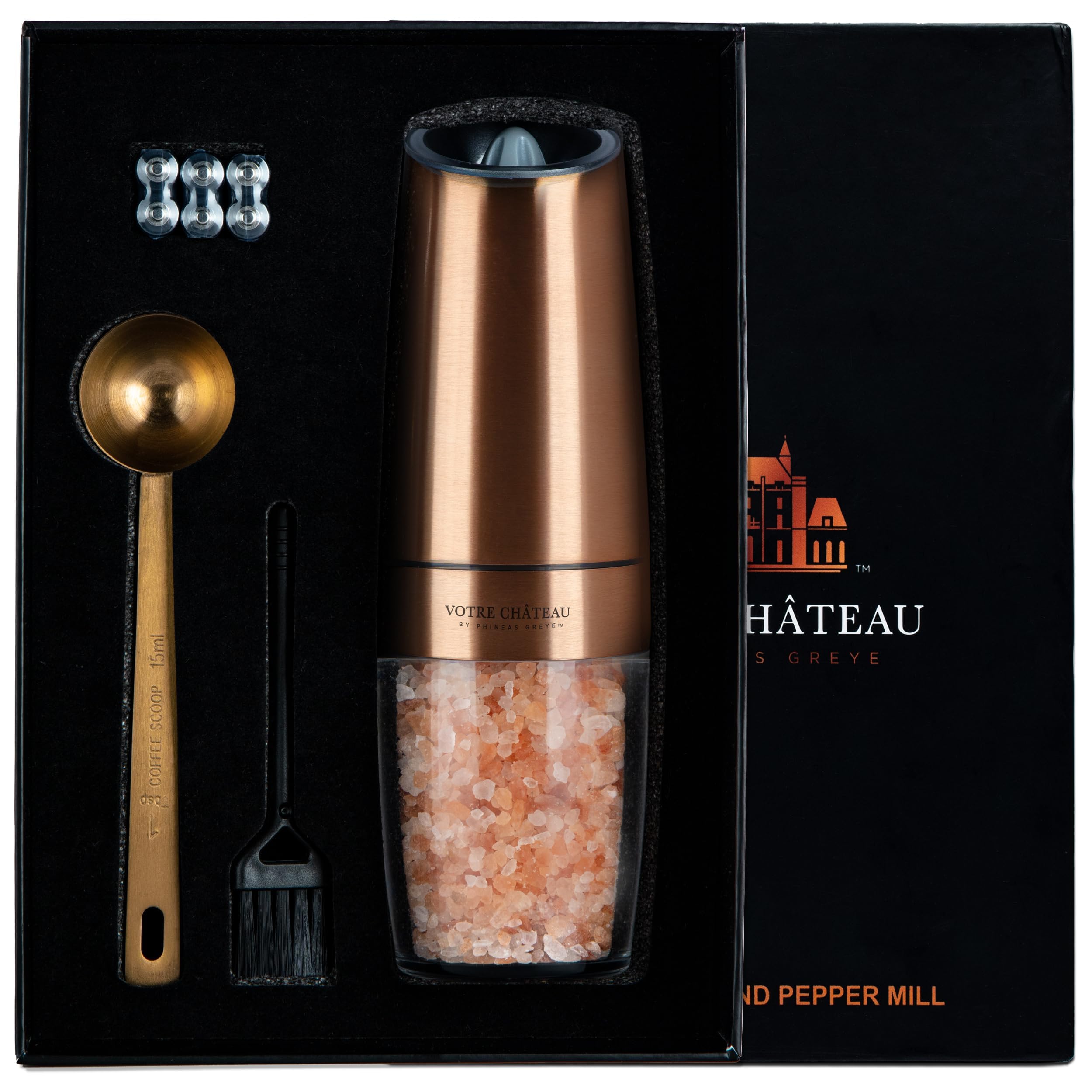 Votre Cha?teau by Phineas Greye Gravity Electric, Batteries Included, Salt and Pepper Grinder Set, with Spice Scoop and Cleaning Brush. Great Gift Idea! (Bronze, Single)