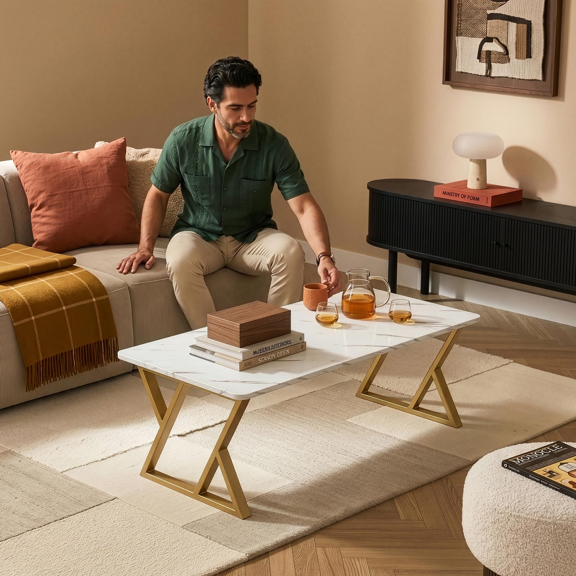 [en.casa] Couchtisch Nolu 120x60x46 cm rechteckig Gold/Marmoroptik, weiß | Beistelltisch, Wohnzimmertisch, Metallgestell, Sofatisch, Kaffeetisch