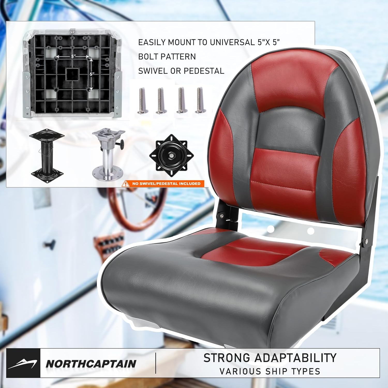 NORTHCAPTAIN Deluxe A Pair of Marine High Back Folding Boat Chair Fishing Boat Seat,for Fishing, Bass/Jon/Pontoon Boat Chairs, 4 Mounting Screws Included