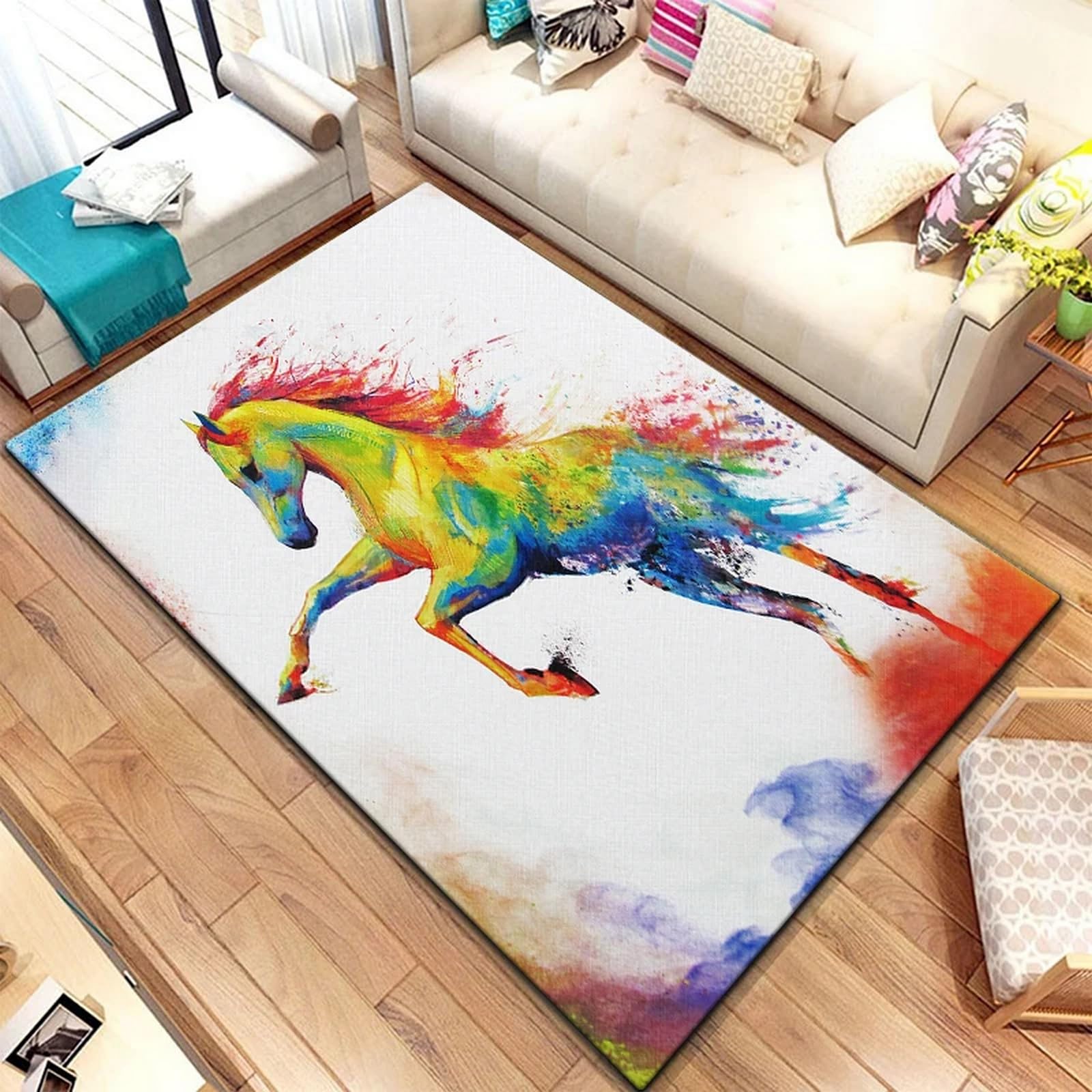 Tapis de chambre homme isolant et anti-poussière motif cheval 3D flanelle moderne